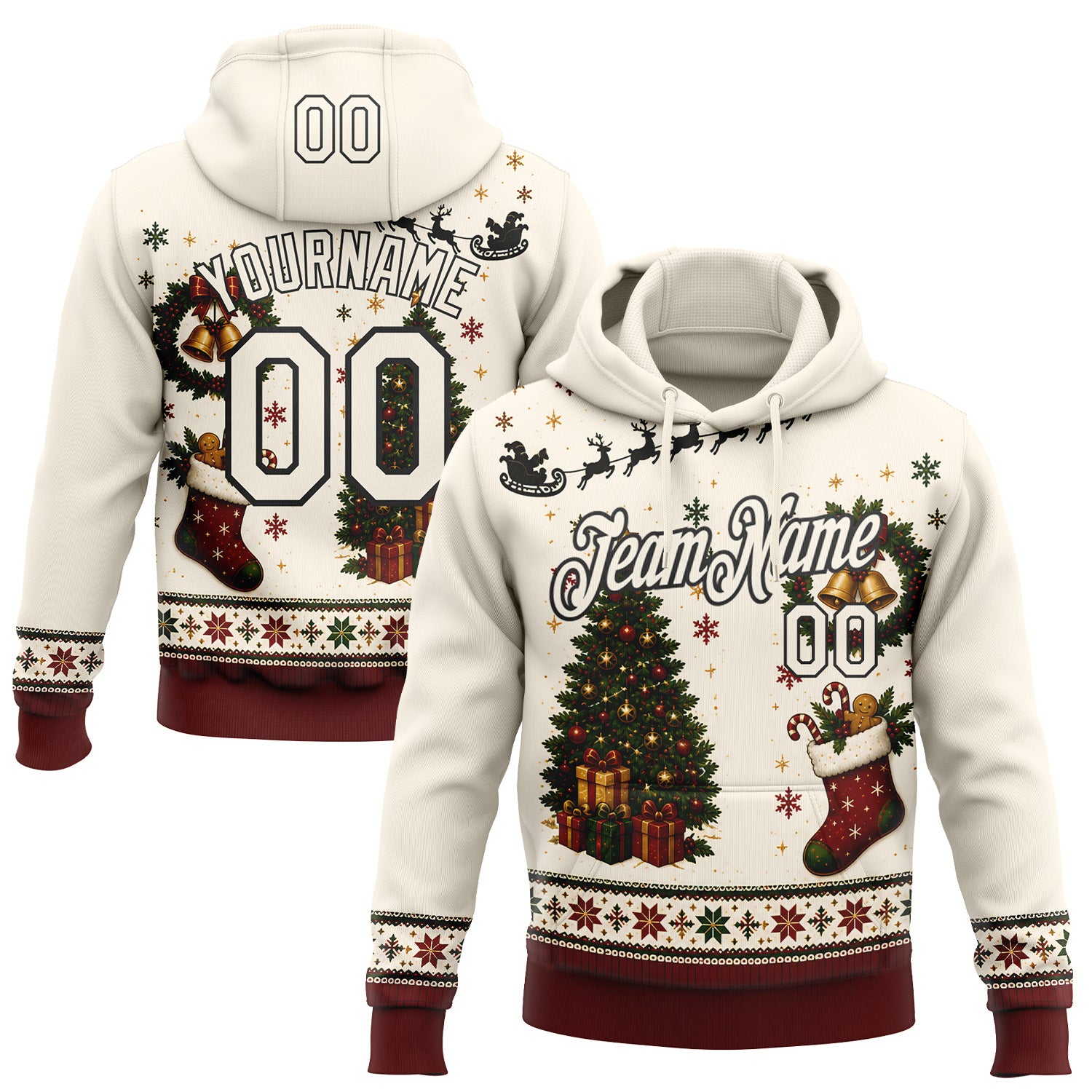 FansIdea Custom Cream Red-Black Christmas Tree & Gift Pullover Sweatshirt Hoodie - $32.99 at Proof Eyewear