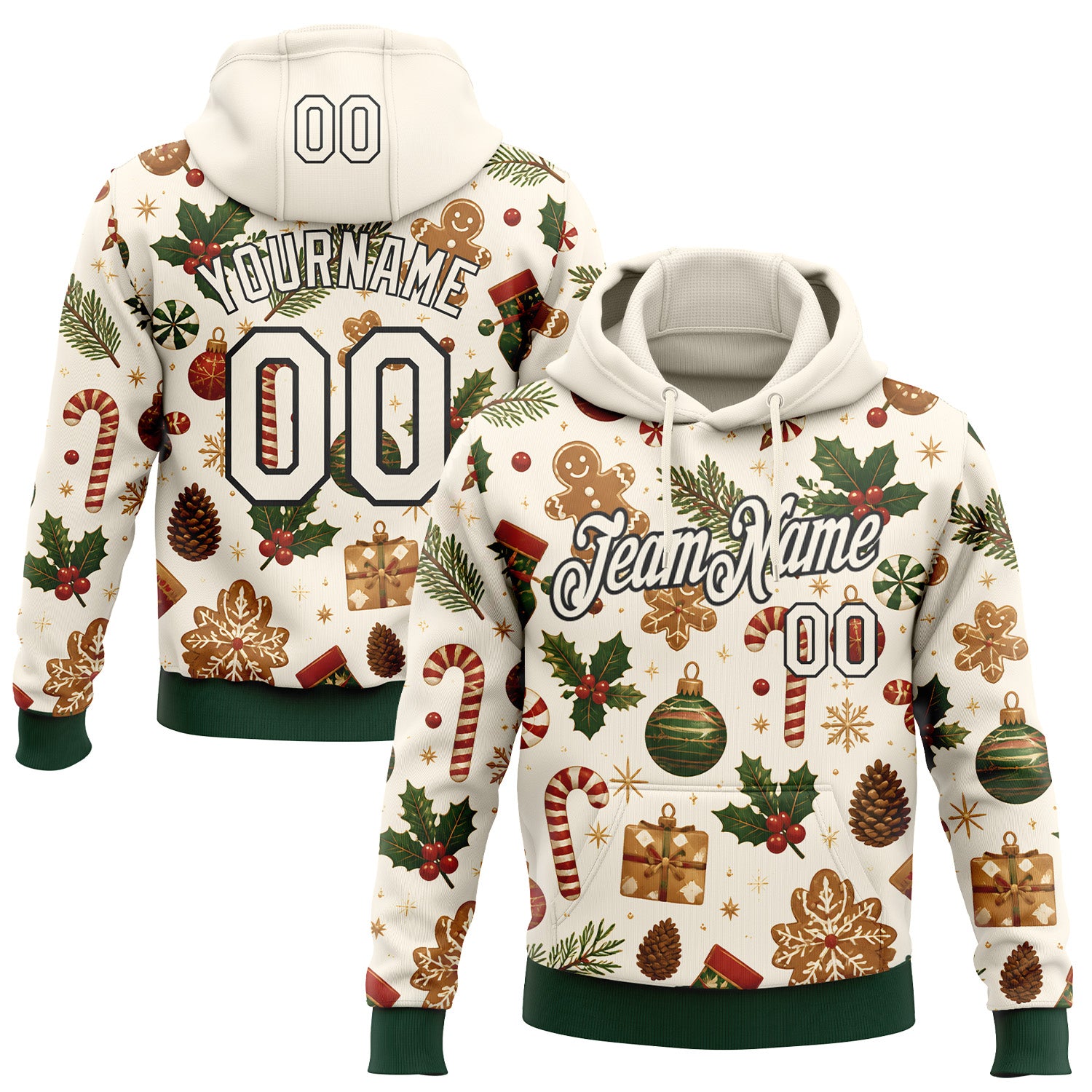 FansIdea Custom Cream Green-Black Christmas Candy Cane Pullover Sweatshirt Hoodie - $32.99 at Proof Eyewear
