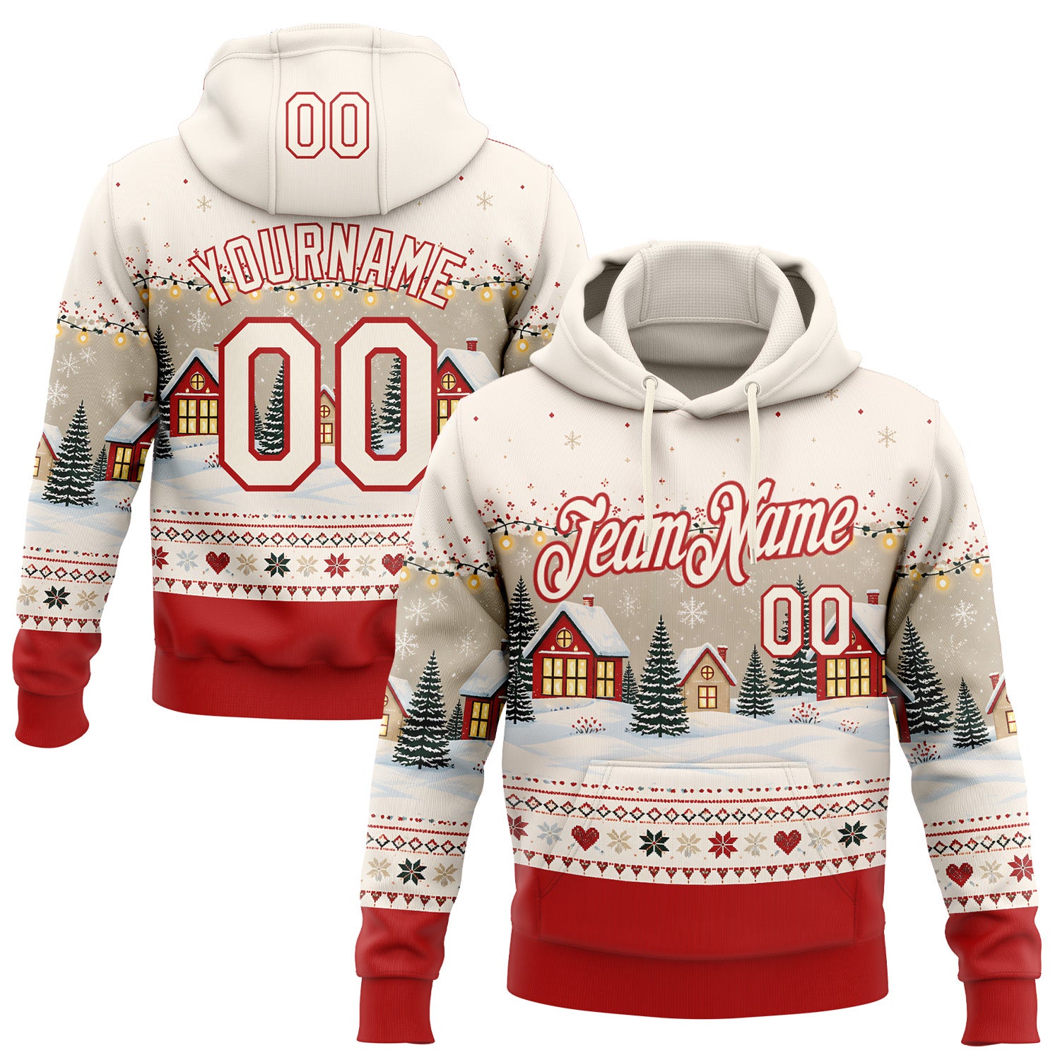 FansIdea Custom Cream-Red Christmas Cottage Pullover Sweatshirt Hoodie - $32.99 at Proof Eyewear