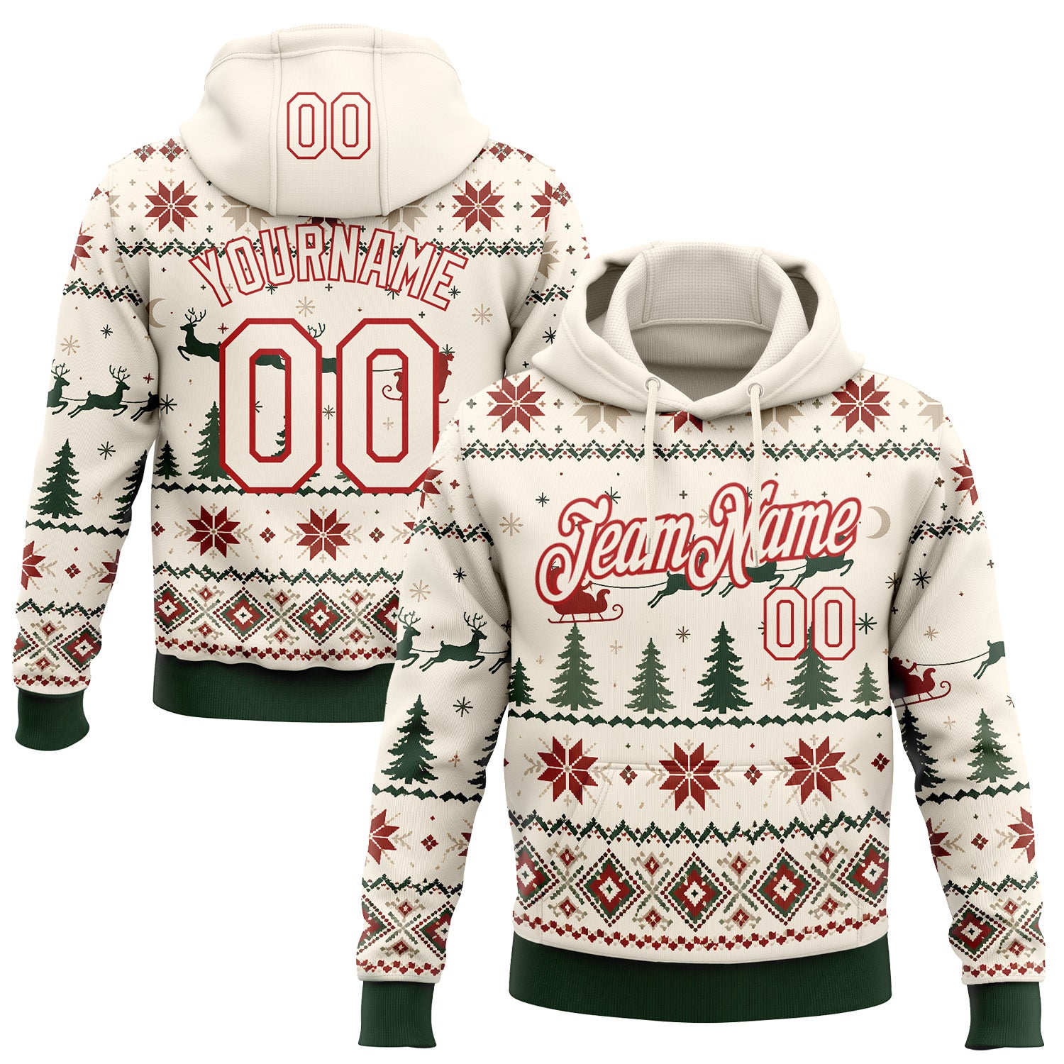 FansIdea Custom Cream Green-Red Christmas Retro Reindeer Pullover Sweatshirt Hoodie - $32.99 at Proof Eyewear