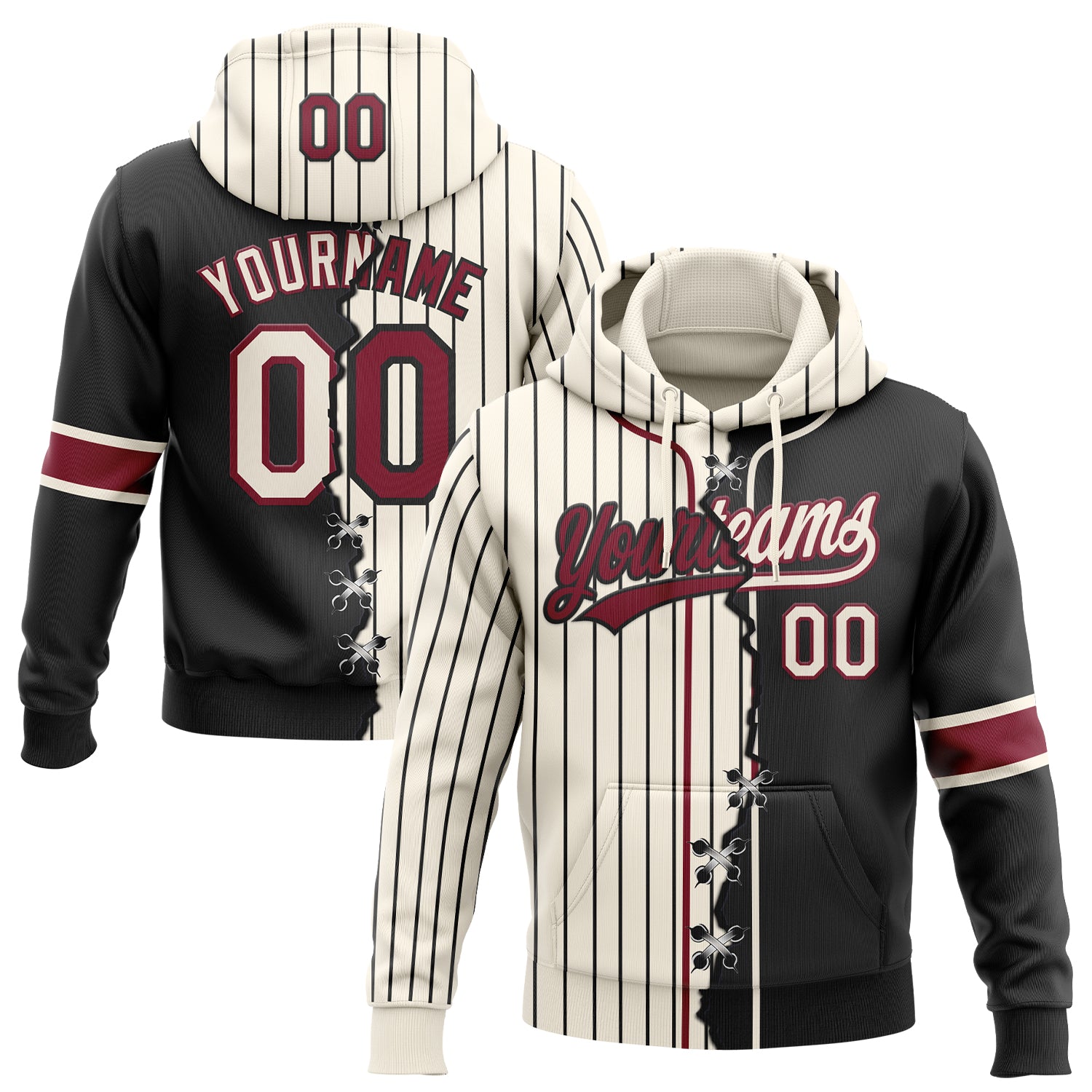 FansIdea Custom Cream Black Pinstripe-Crimson Split Ripped Pattern Baseball Pullover Sweatshirt Hoodie - $32.99 at Proof Eyewear