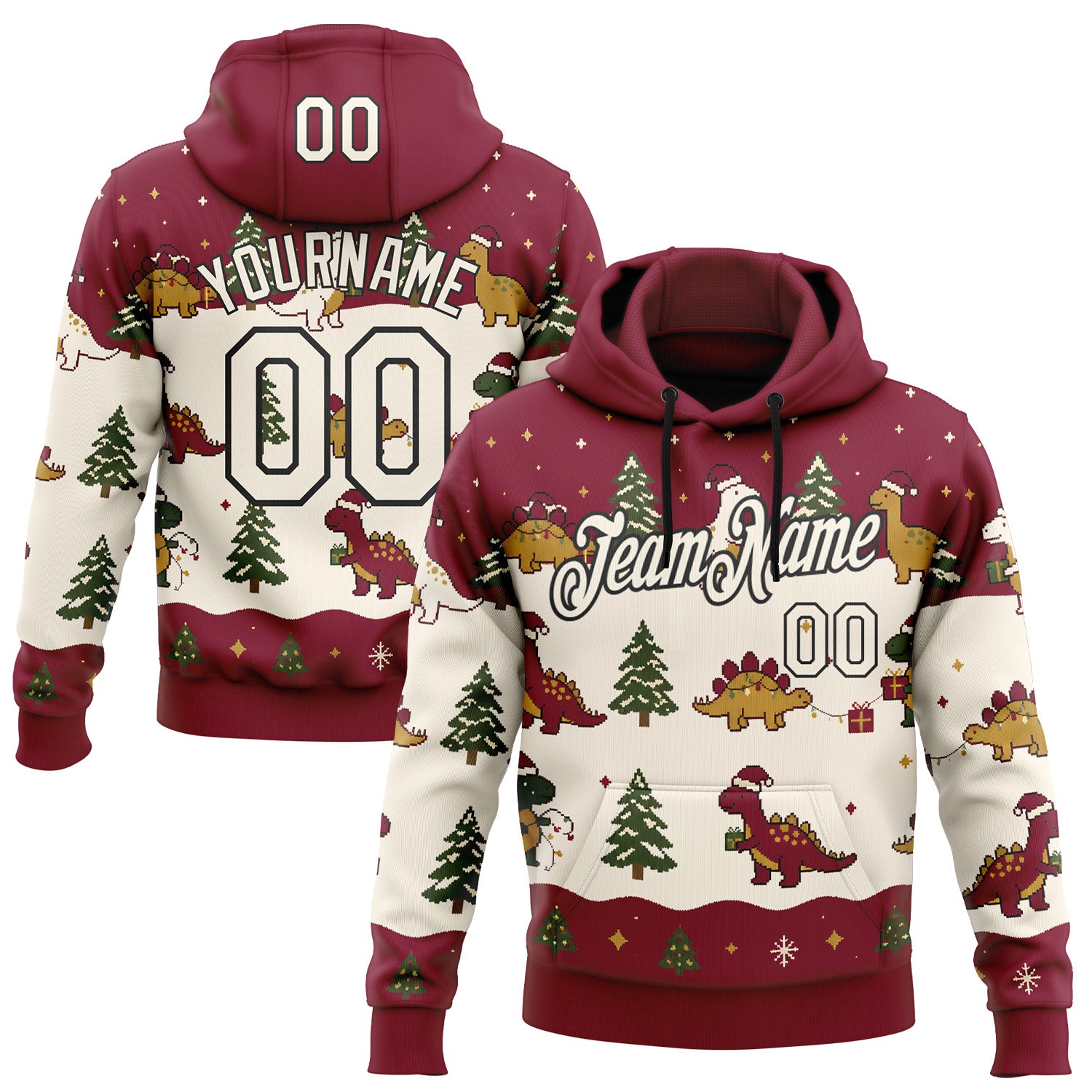 FansIdea Custom Crimson Cream-Black Christmas Dinosaur Pullover Sweatshirt Hoodie - $32.99 at Proof Eyewear