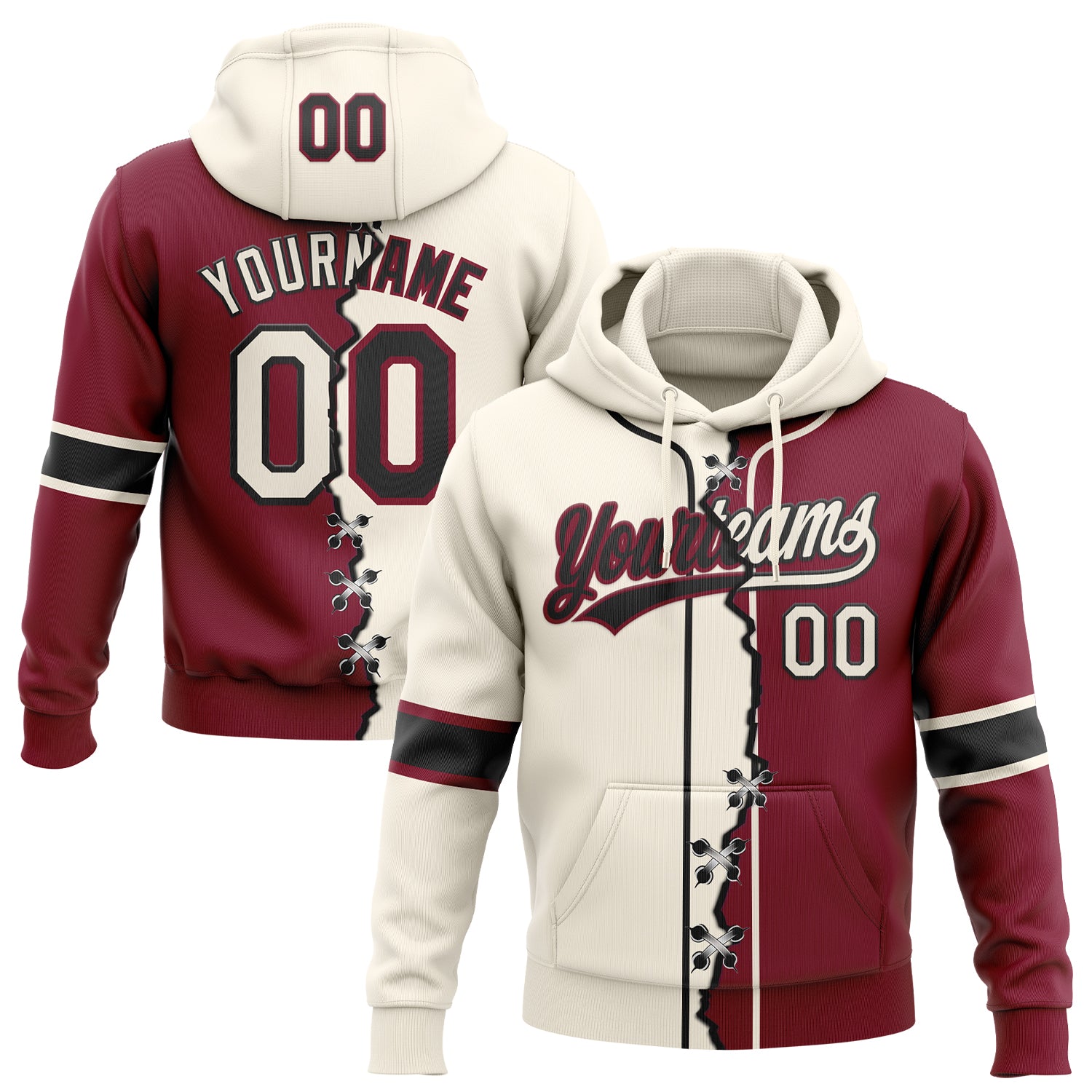 FansIdea Custom Crimson Cream-Black Split Ripped Pattern Baseball Pullover Sweatshirt Hoodie - $32.99 at Proof Eyewear