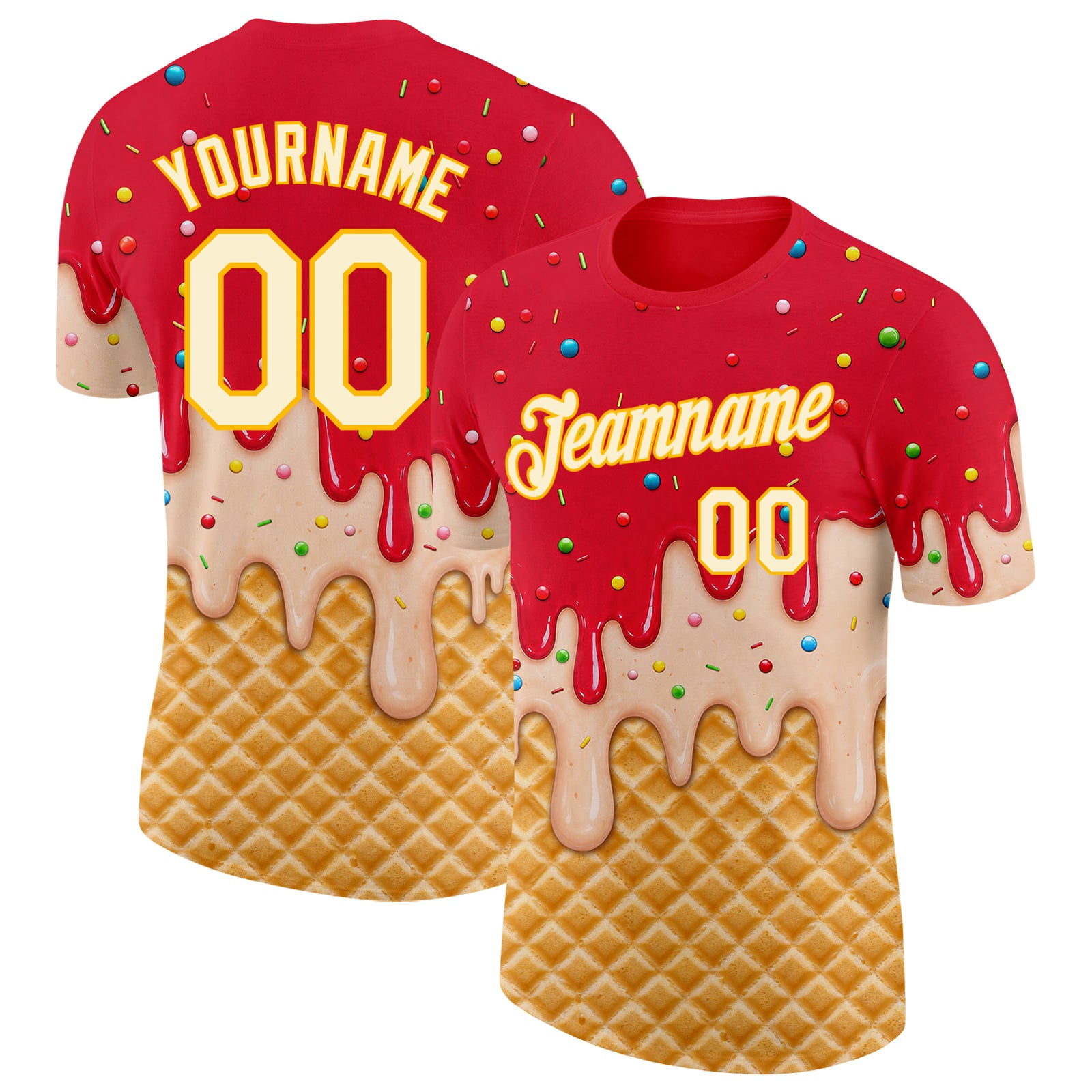 FansIdea Custom Fire Red Cream-Gold Ice Cream Waffle Foodie Dessert Performance T-Shirt - $14.99 at Proof Eyewear