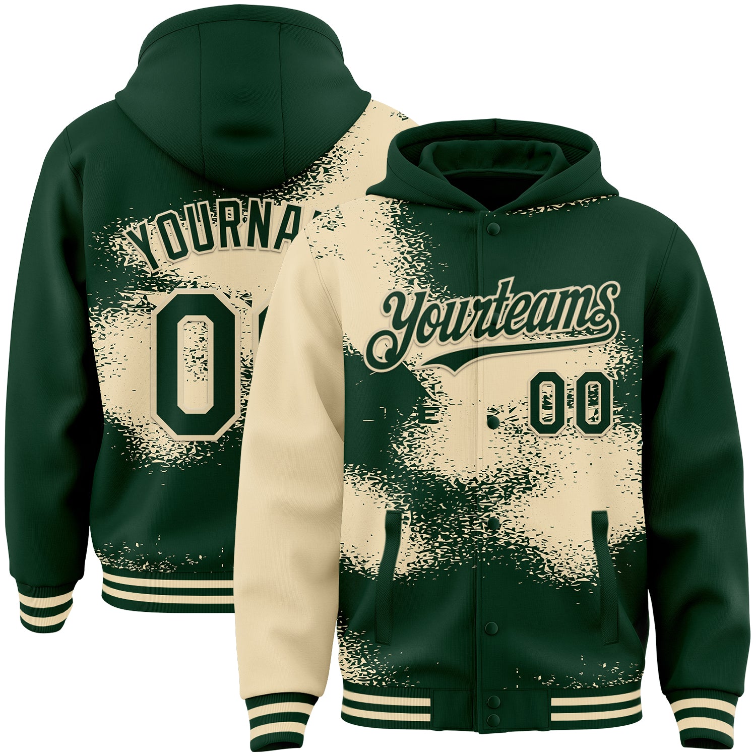 FansIdea Custom Green Cream Abstract Color Blocks Fragment Pattern Bomber Full-Snap Varsity Letterman Hoodie Jacket - $38.99 at Proof Eyewear