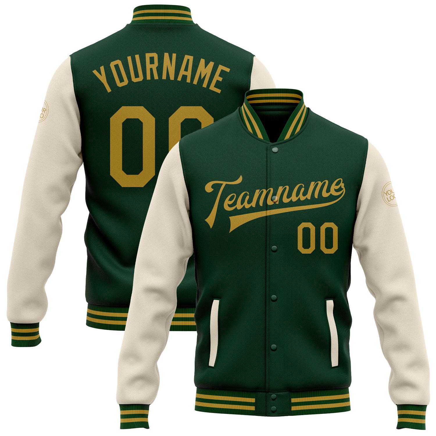 FansIdea Custom Green Old Gold-Cream Bomber Full-Snap Varsity Letterman Two Tone Jacket - $38.99 at Proof Eyewear