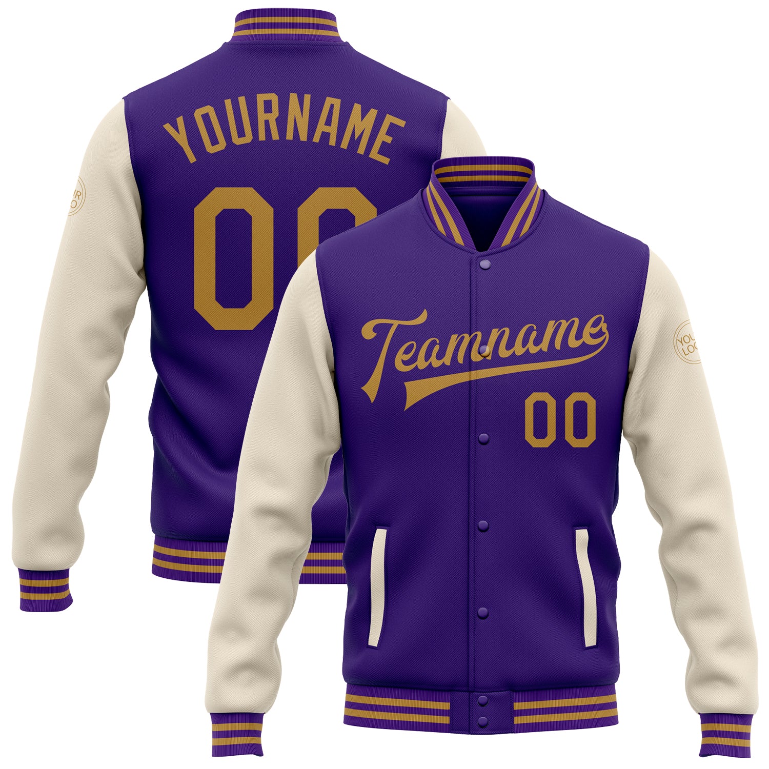 FansIdea Custom Purple Old Gold-Cream Bomber Full-Snap Varsity Letterman Two Tone Jacket - $38.99 at Proof Eyewear