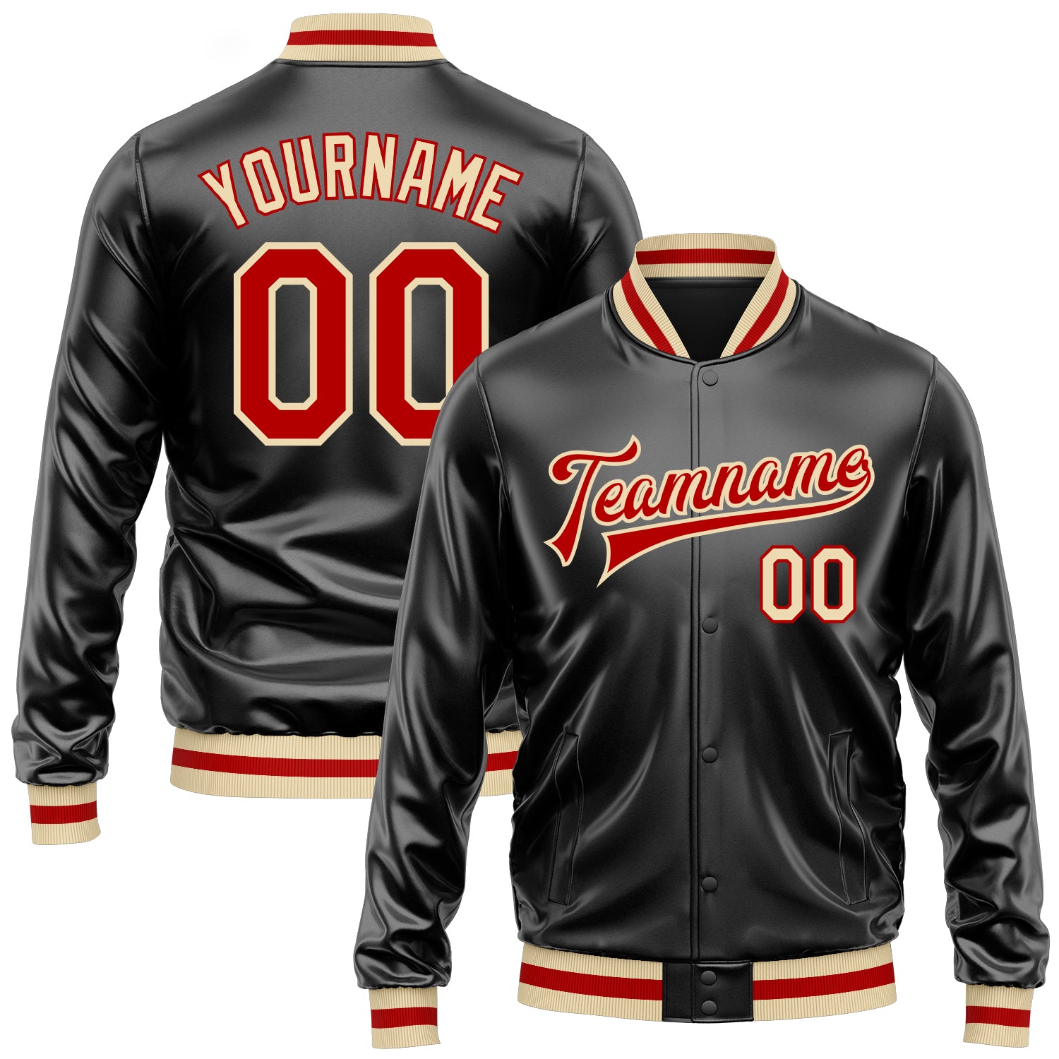 Custom Black Red-Cream Bomber Full-Snap Varsity Faux Leather Letterman Jacket