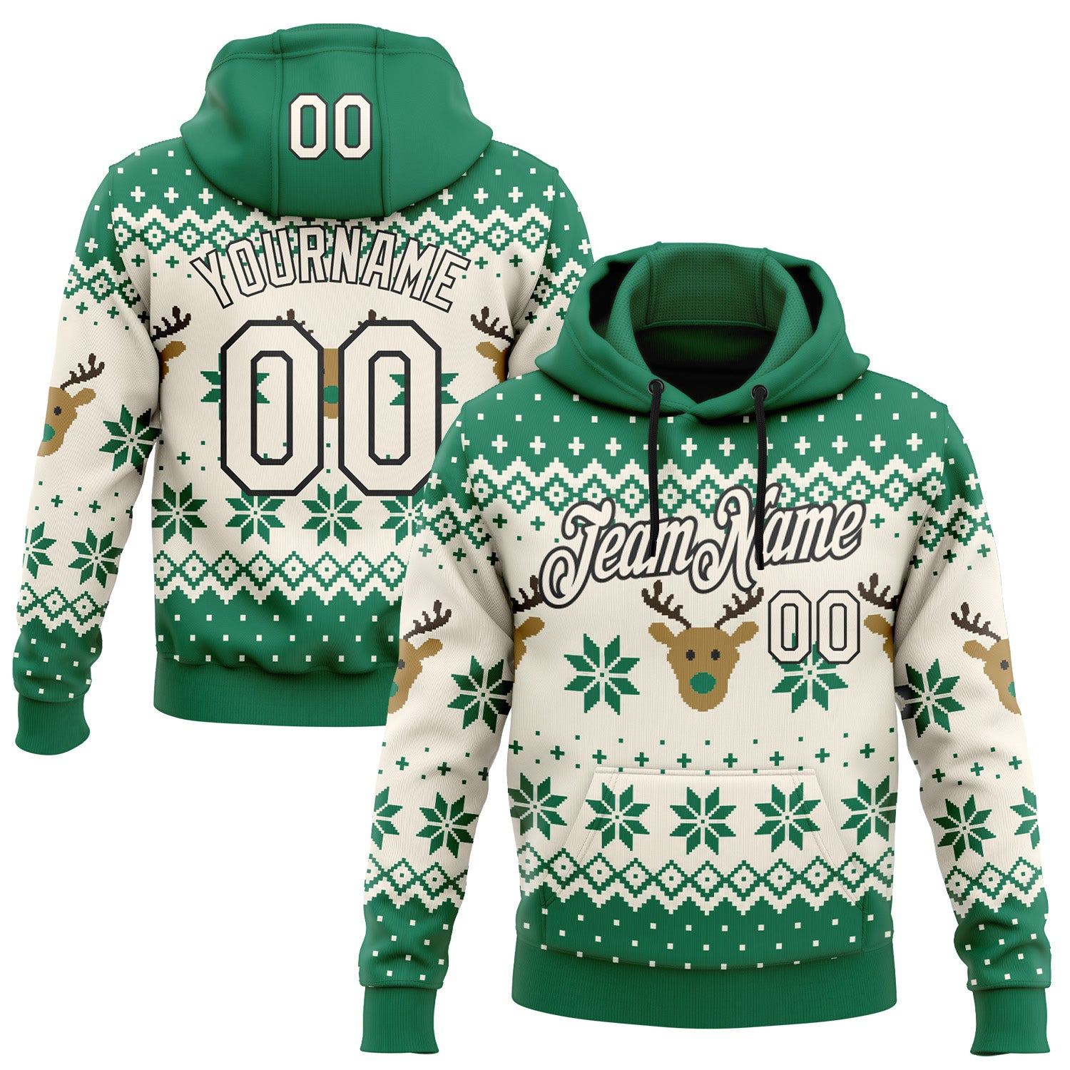 FansIdea Custom Kelly Green Cream-Black Christmas Retro Reindeer Pullover Sweatshirt Hoodie - $32.99 at Proof Eyewear