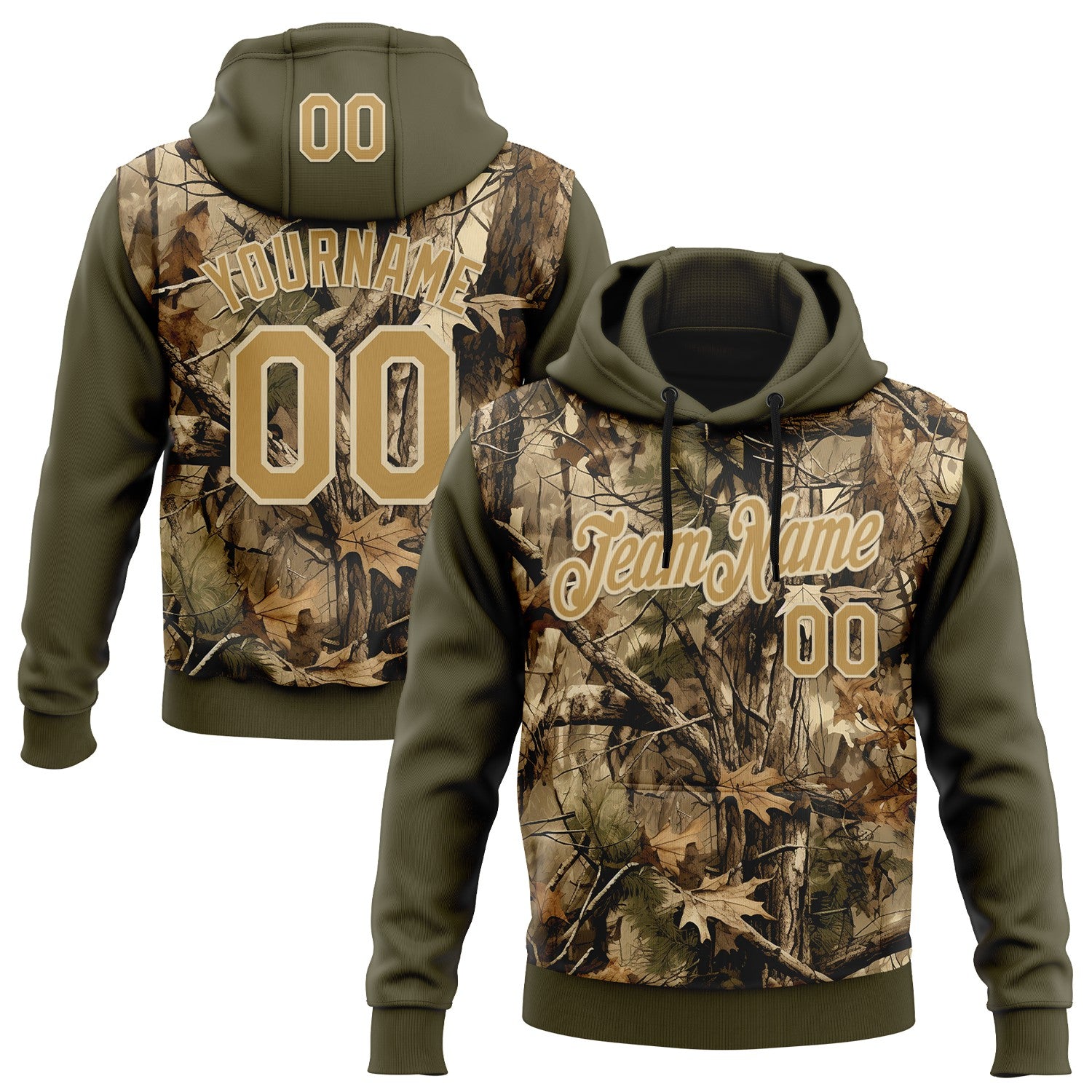 FansIdea Custom Stitched Olive Old Gold-Cream 3D Pattern Design Tree Camo Hunting Sports Pullover Sweatshirt Salute To Service Hoodie - $32.99 at Proof Eyewear