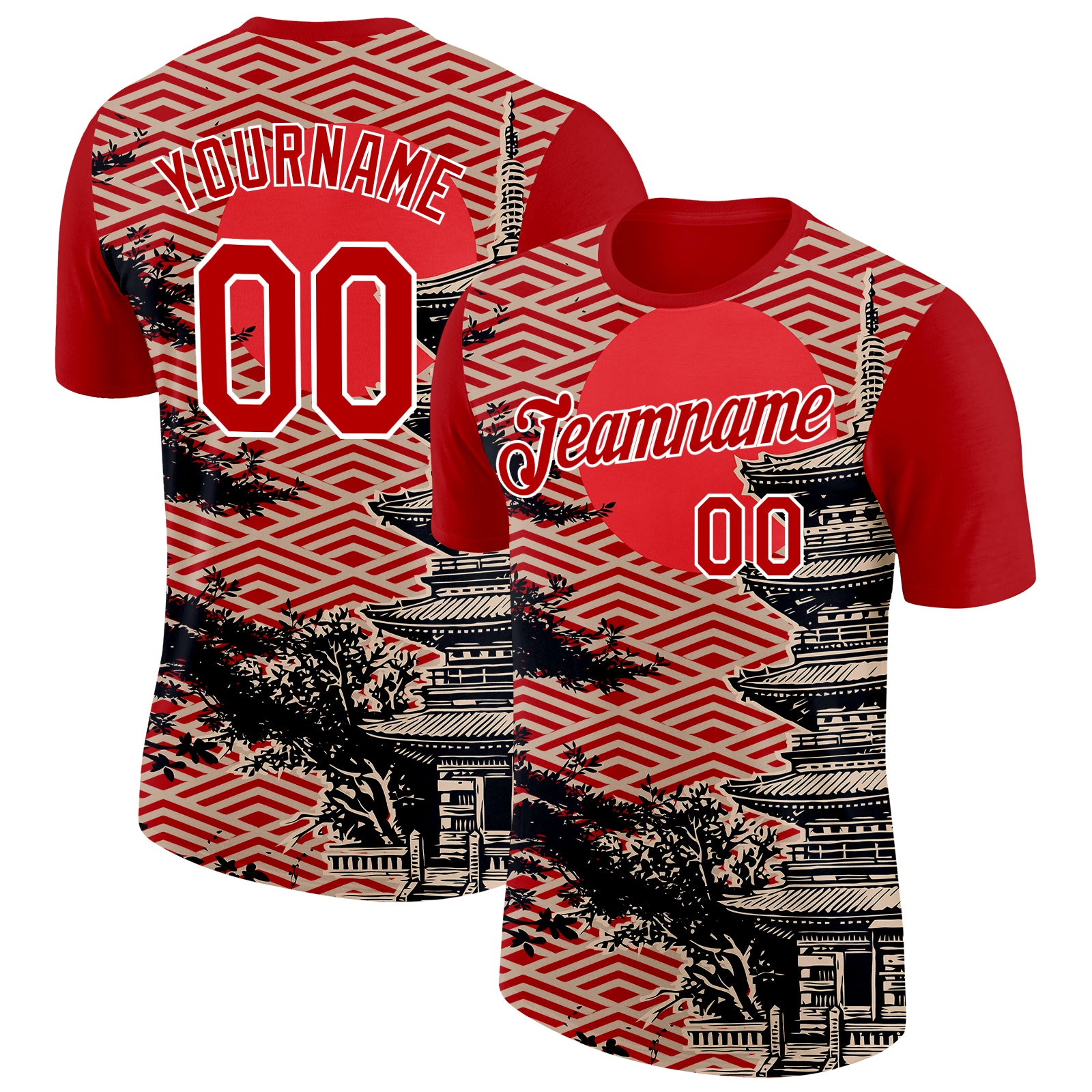 FansIdea Custom Red Cream Black-White Japan Pagoda Soccer Jersey Performance T-Shirt - $14.99 at Proof Eyewear