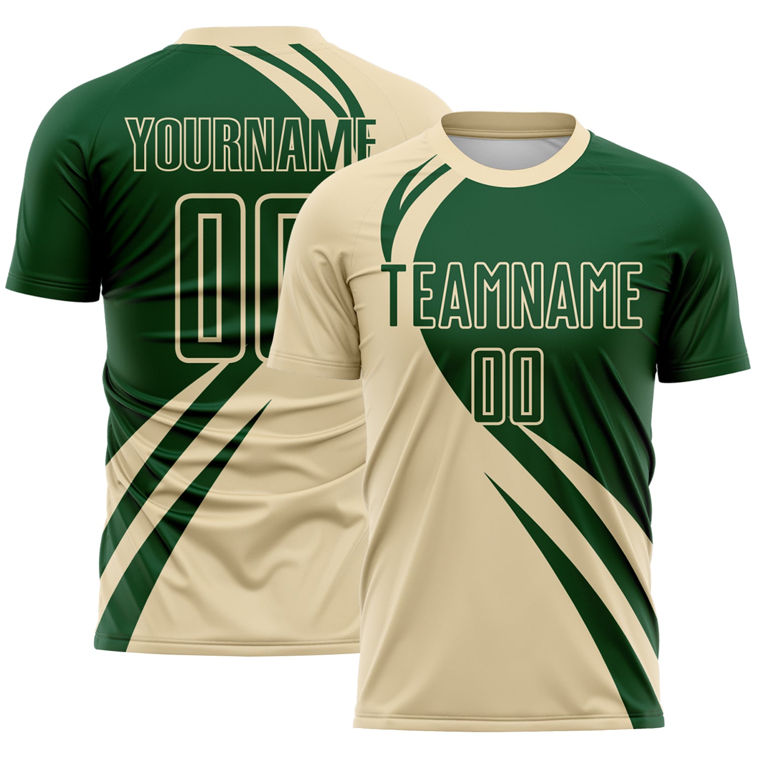 FansIdea Custom Cream Green Diagonal Streamline Color Block Swirl Curve Lines Sublimation Soccer Uniform Jersey - $16.99 at Proof Eyewear