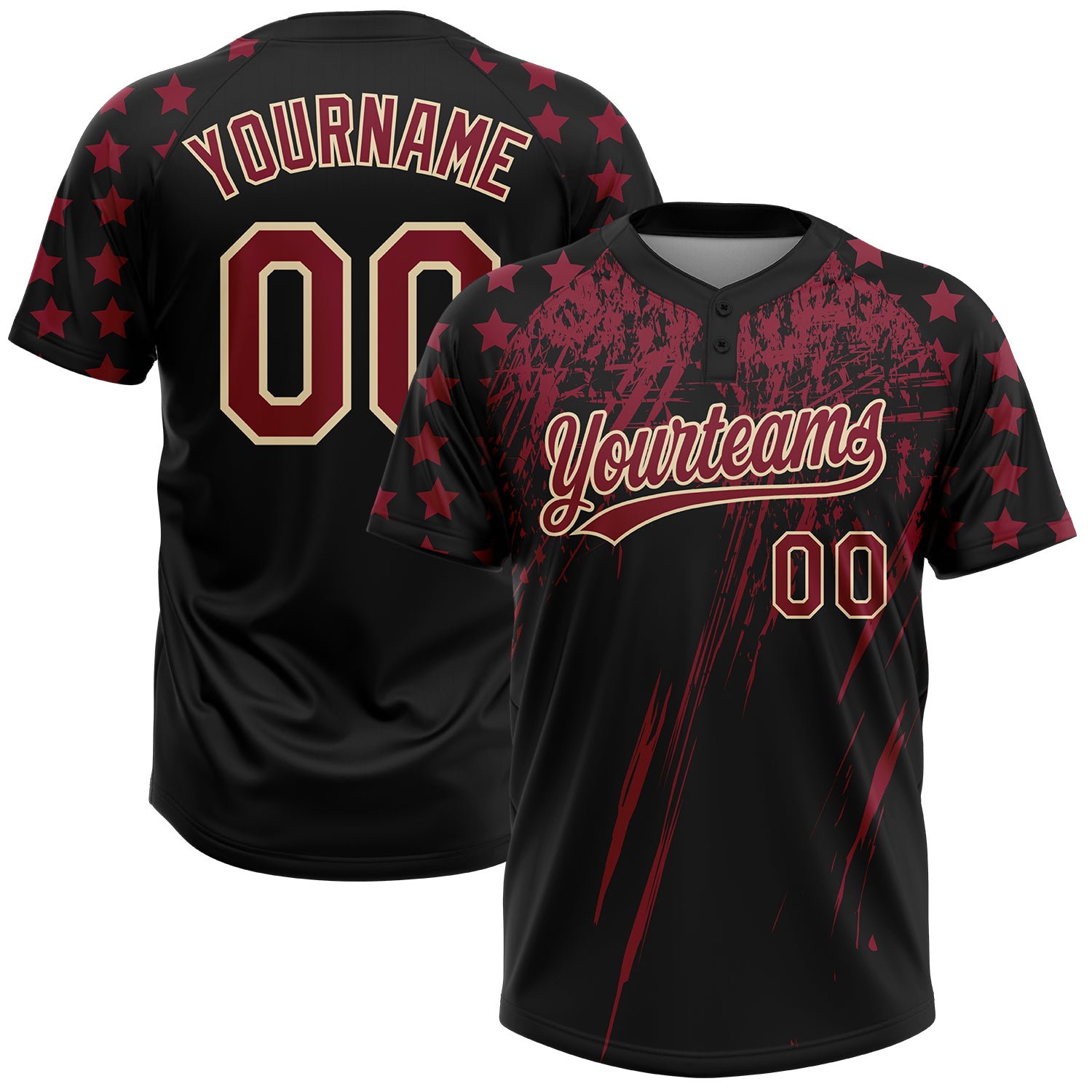 Custom Black Crimson-Cream Distressed Scratch Brush Stroke Star Raglan Sleeves Two-Button Unisex Softball Jersey