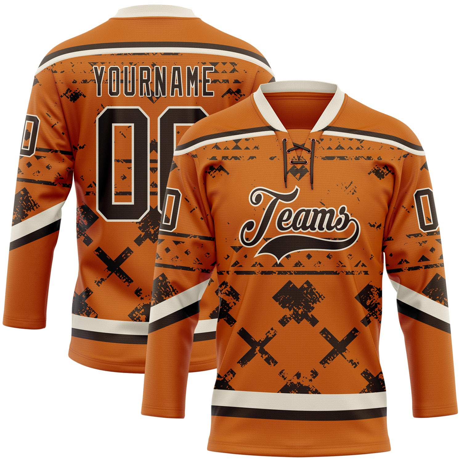 FansIdea Custom Texas Orange Brown-Cream Tribal Indigenous Grunge Splash Hockey Lace Neck Jersey - $29.99 at Proof Eyewear