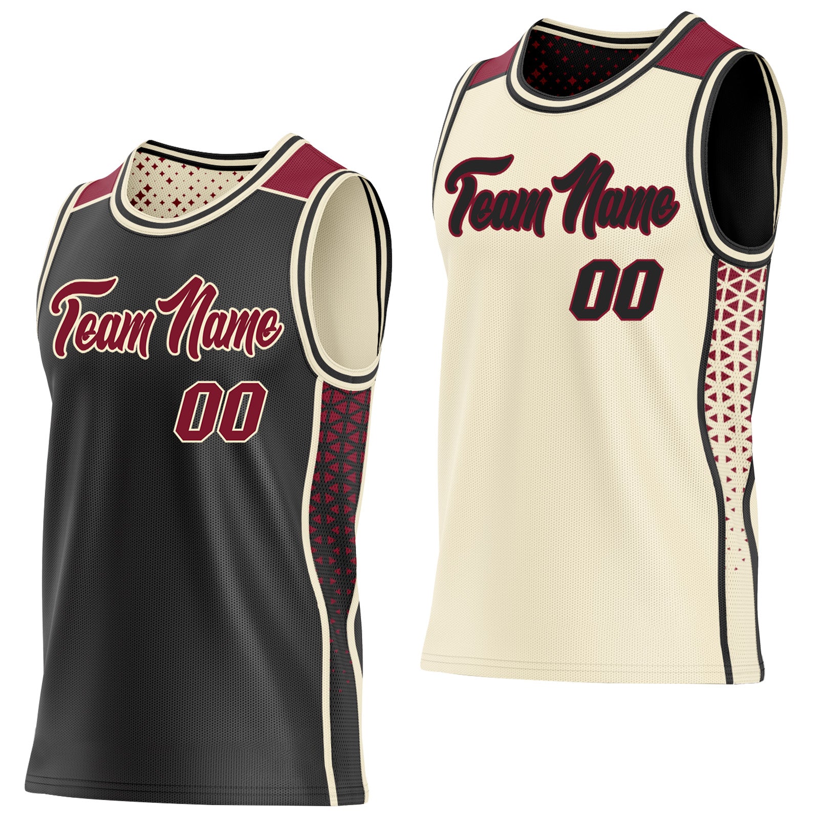 FansIdea Custom Black Crimson-Cream Side Panel Stripe Geometric Triangle Gradient Dot Reversible Double Side Sublimation Basketball Set Jersey - $17.99 at Proof Eyewear