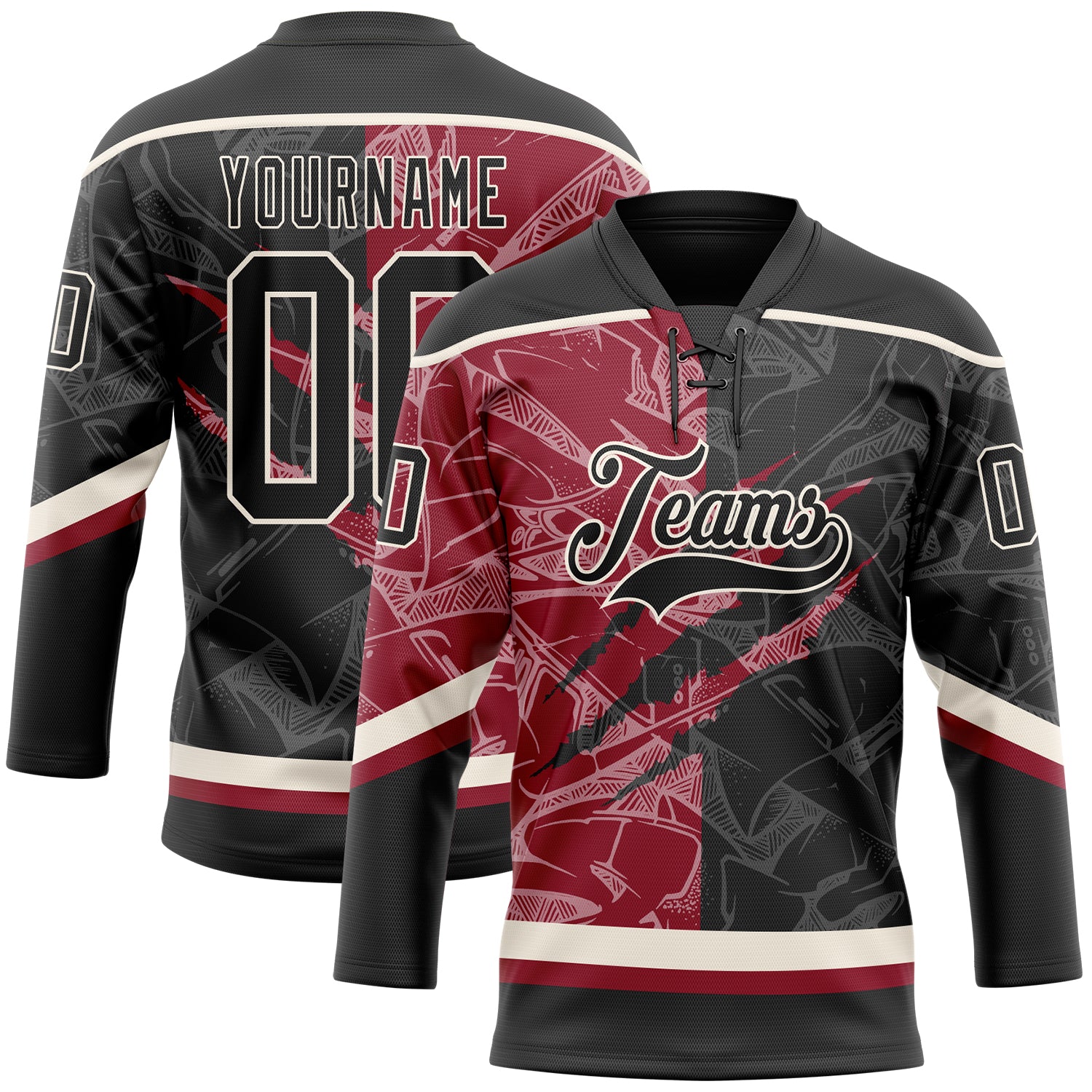 FansIdea Custom Black Crimson-Cream 3D Pattern Gradient Fashion Scratch Hockey Lace Neck Jersey - $29.99 at Proof Eyewear