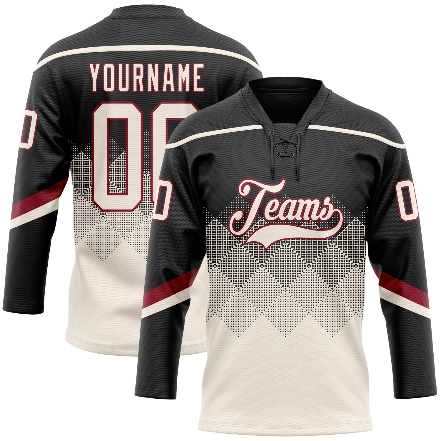 FansIdea Custom Black Cream-Crimson 3D Pattern Gradient Square Shapes Hockey Lace Neck Jersey - $29.99 at Proof Eyewear