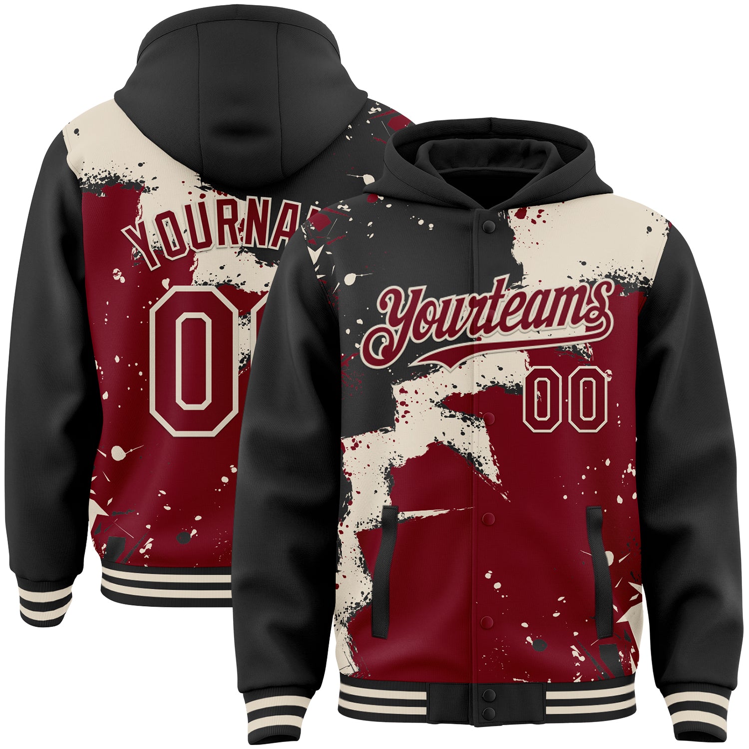 FansIdea Custom Black Crimson-Cream Torn Paper Style Paint Splatter Bomber Full-Snap Varsity Letterman Hoodie Jacket - $38.99 at Proof Eyewear