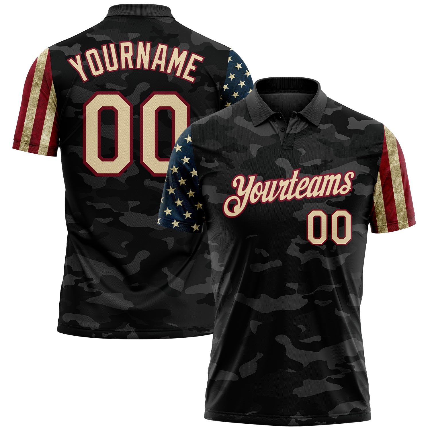 FansIdea Custom Camo Cream Crimson-Black Stars & Stripes Two Tone Salute To Service Patriotic Performance Polo Shirt - $19.99 at Proof Eyewear