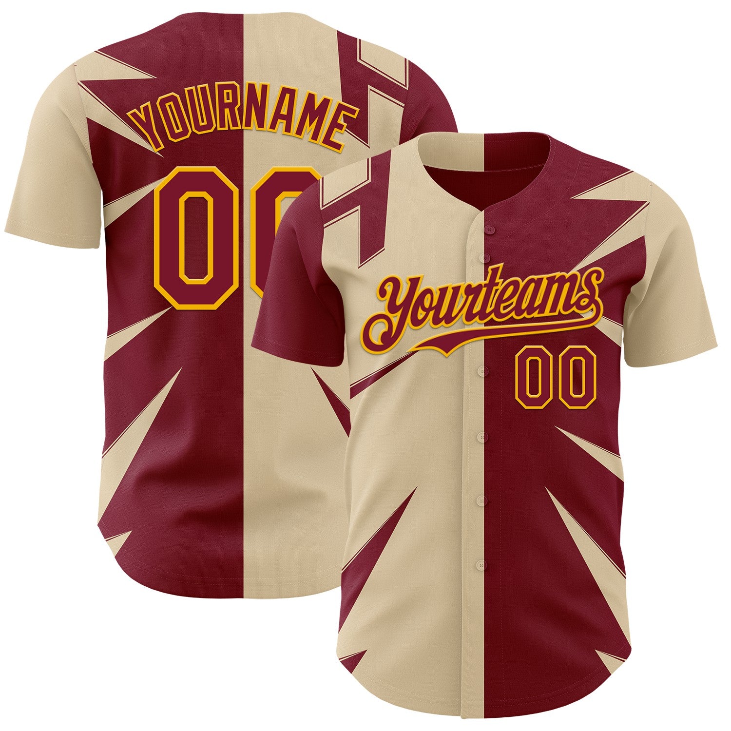 FansIdea Custom City Cream Crimson-Gold Geometric Patchwork Asymmetry Split Authentic Baseball Jersey - $29.99 at Proof Eyewear