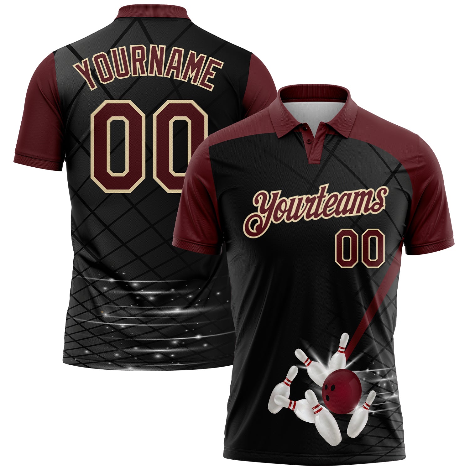 FansIdea Custom Black Crimson-Cream Bowling Geometric Grid Performance Polo Shirt - $19.99 at Proof Eyewear