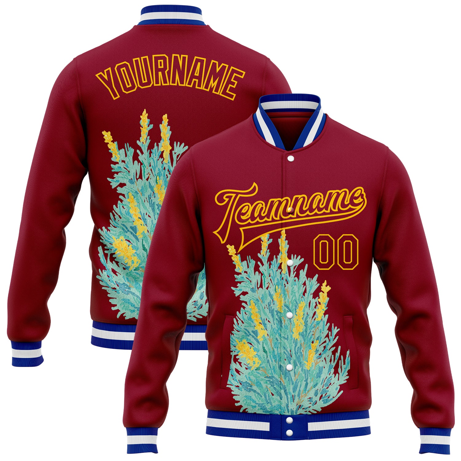 FansIdea Custom Crimson Gold-White Nevada State Flower Sagebrush Bomber Full-Snap Varsity Letterman Jacket - $38.99 at Proof Eyewear