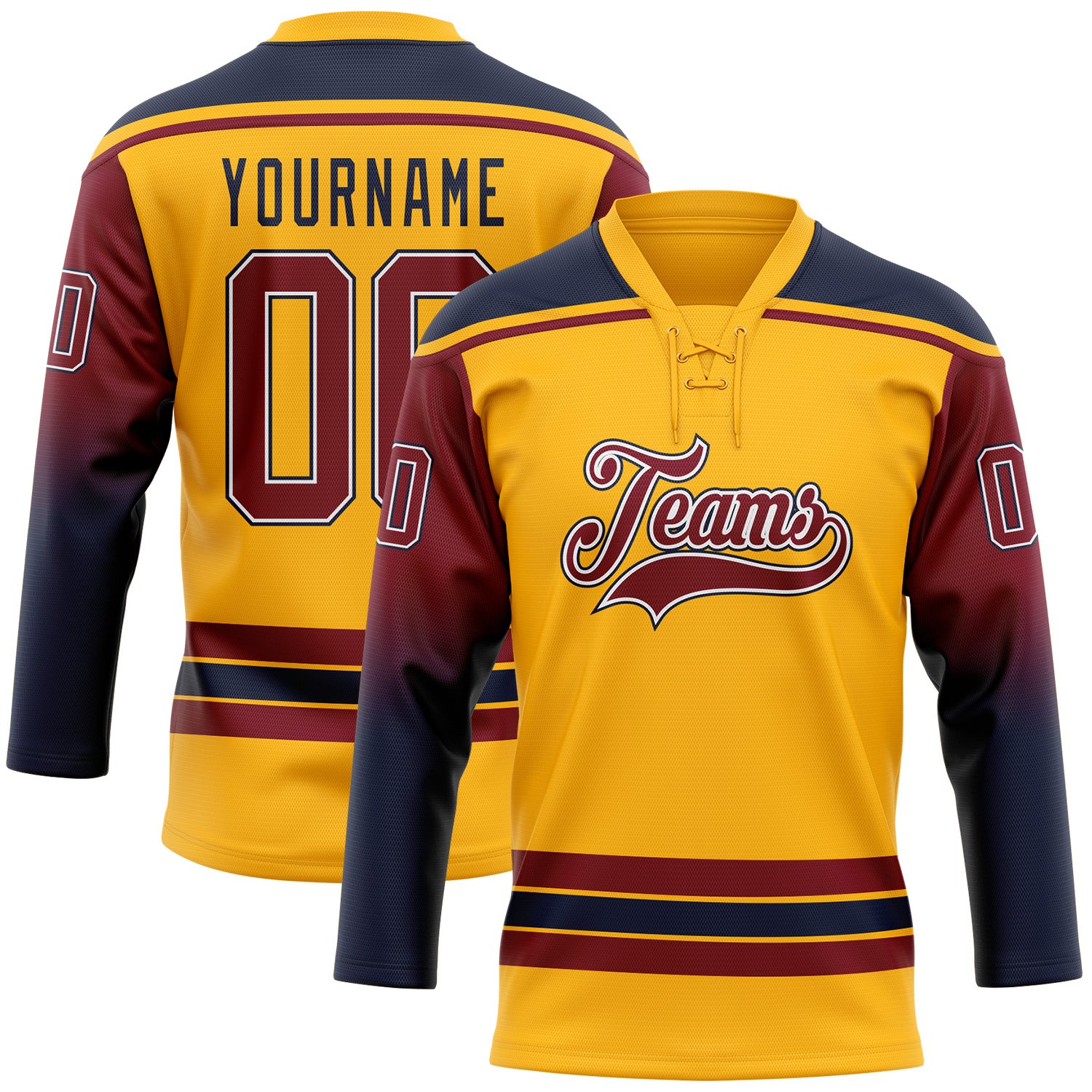 FansIdea Custom Gold Crimson Navy-White Gradient Sleeves Lace Neck Hockey Jersey - $29.99 at Proof Eyewear
