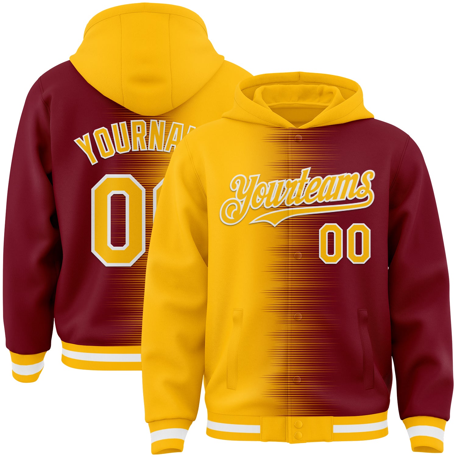 FansIdea Custom Gold Crimson-White Gradient Line Bomber Full-Snap Varsity Letterman Hoodie Jacket - $38.99 at Proof Eyewear