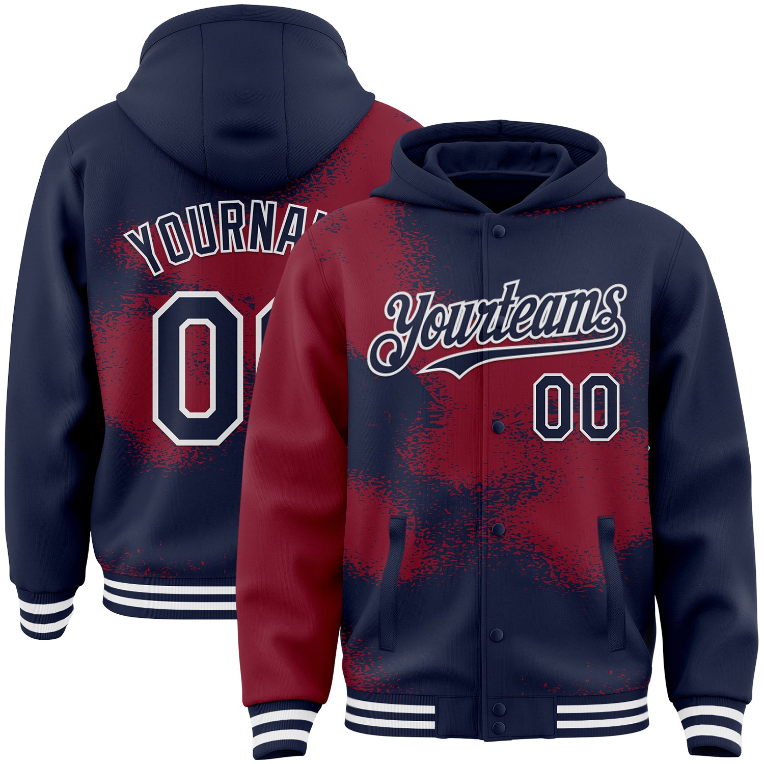 FansIdea Custom Navy Crimson-White Abstract Color Blocks Fragment Pattern Bomber Full-Snap Varsity Letterman Hoodie Jacket - $38.99 at Proof Eyewear