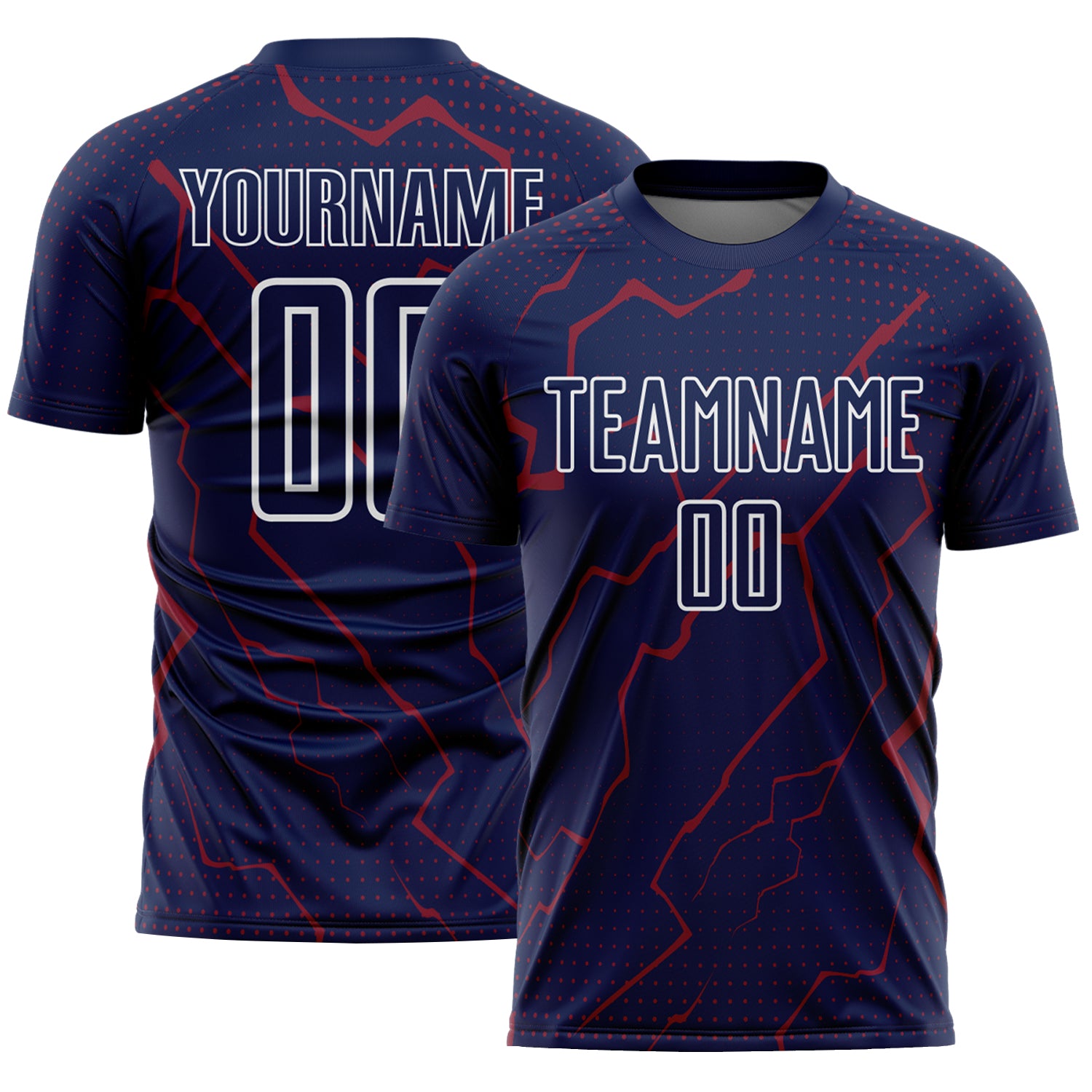 FansIdea Custom Navy Crimson-White Lightning Sports Sublimation Soccer Uniform Jersey - $16.99 at Proof Eyewear