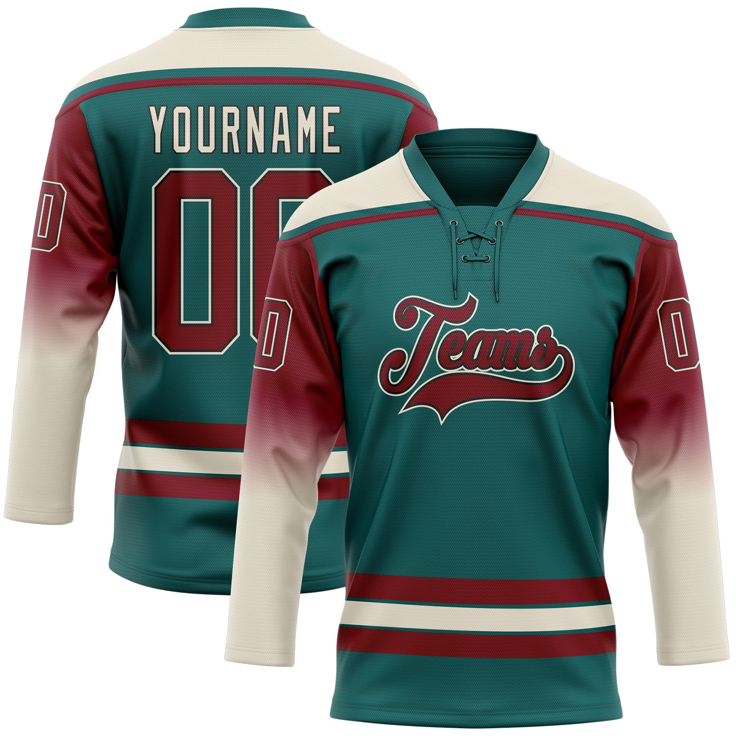 FansIdea Custom Teal Crimson Cream-Black Gradient Sleeves Lace Neck Hockey Jersey - $29.99 at Proof Eyewear