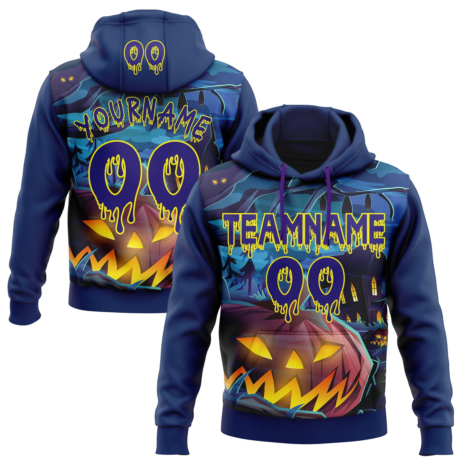 FansIdea Custom  Blue Dark Purple-Light Yellow Halloween Pumpkin Head & Haunted House Pullover Sweatshirt Hoodie - $32.99 at Proof Eyewear