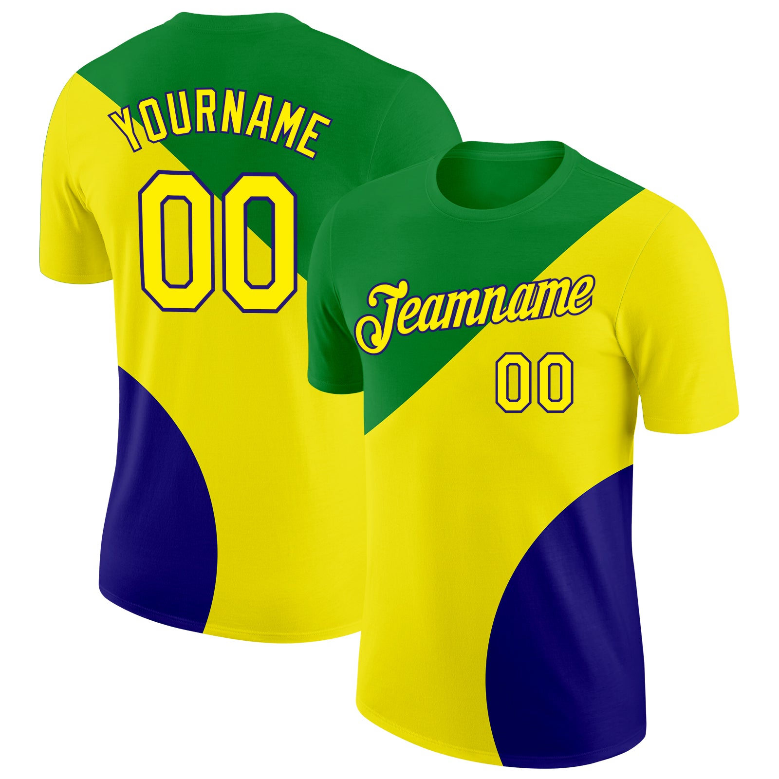 FansIdea Custom Green Light Yellow-Dark Purple Brazil Color Blocks Soccer Jersey Performance T-Shirt - $14.99 at Proof Eyewear