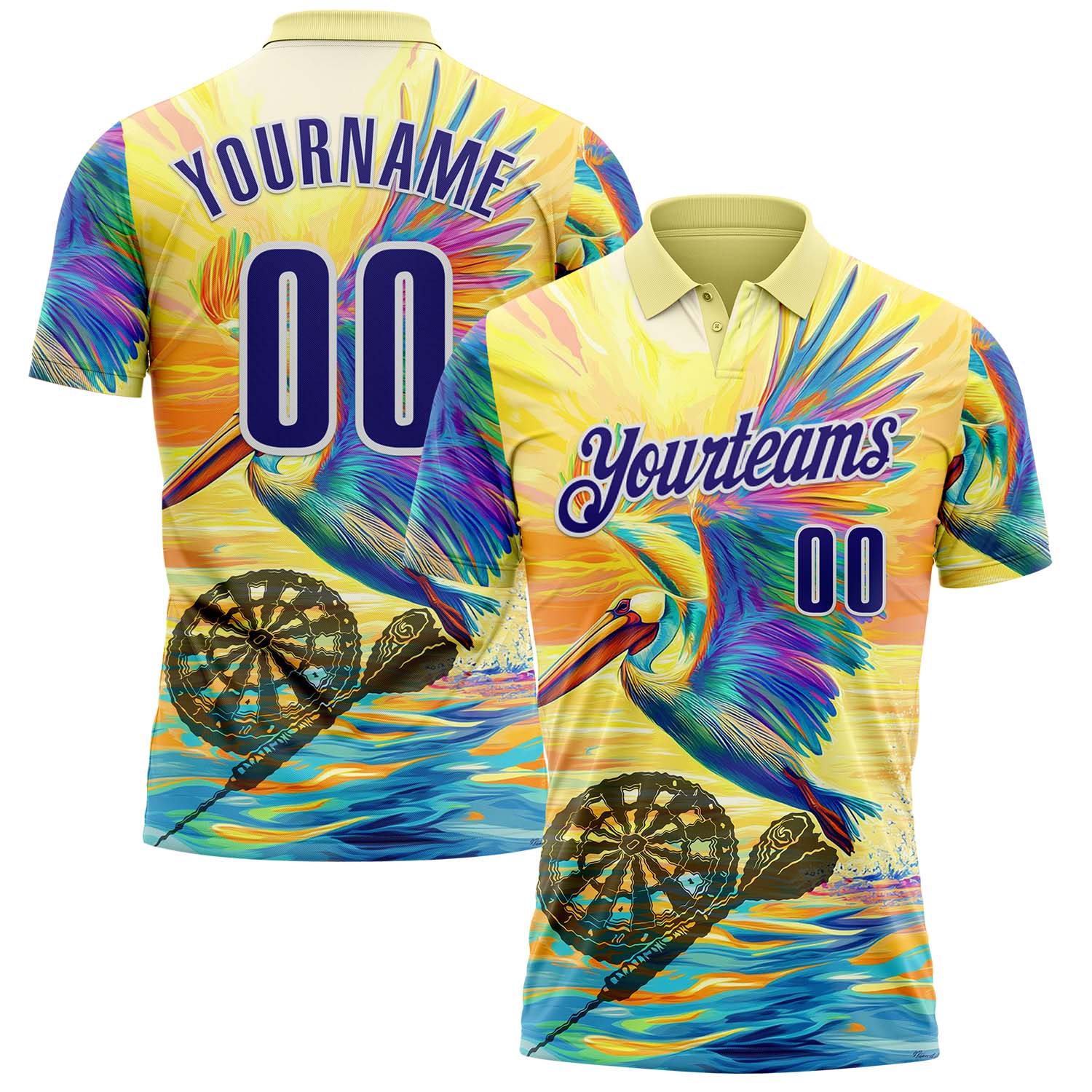 FansIdea Custom Yellow Dark Purple-White Darts Tropical Pelican Dartboard Performance Polo Shirt - $19.99 at Proof Eyewear