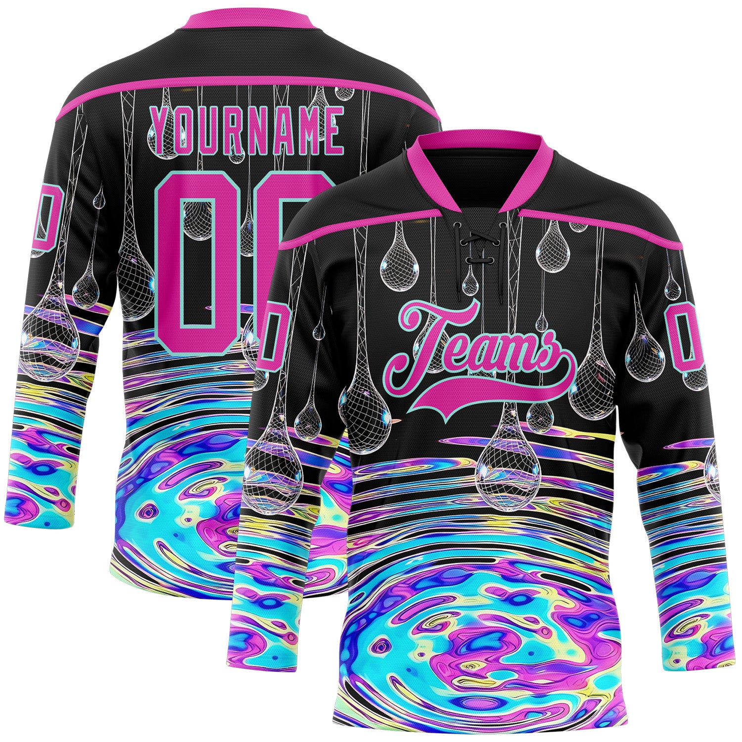 FansIdea Custom Black Deep Pink-Ice Blue Melting Psychedelic Water Lace Neck Hockey Jersey - $29.99 at Proof Eyewear