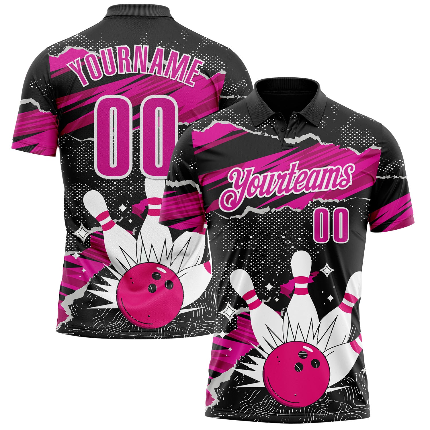 FansIdea Custom Black Deep Pink-White Bowling Ball And Pins Strike Performance Polo Shirt - $19.99 at Proof Eyewear