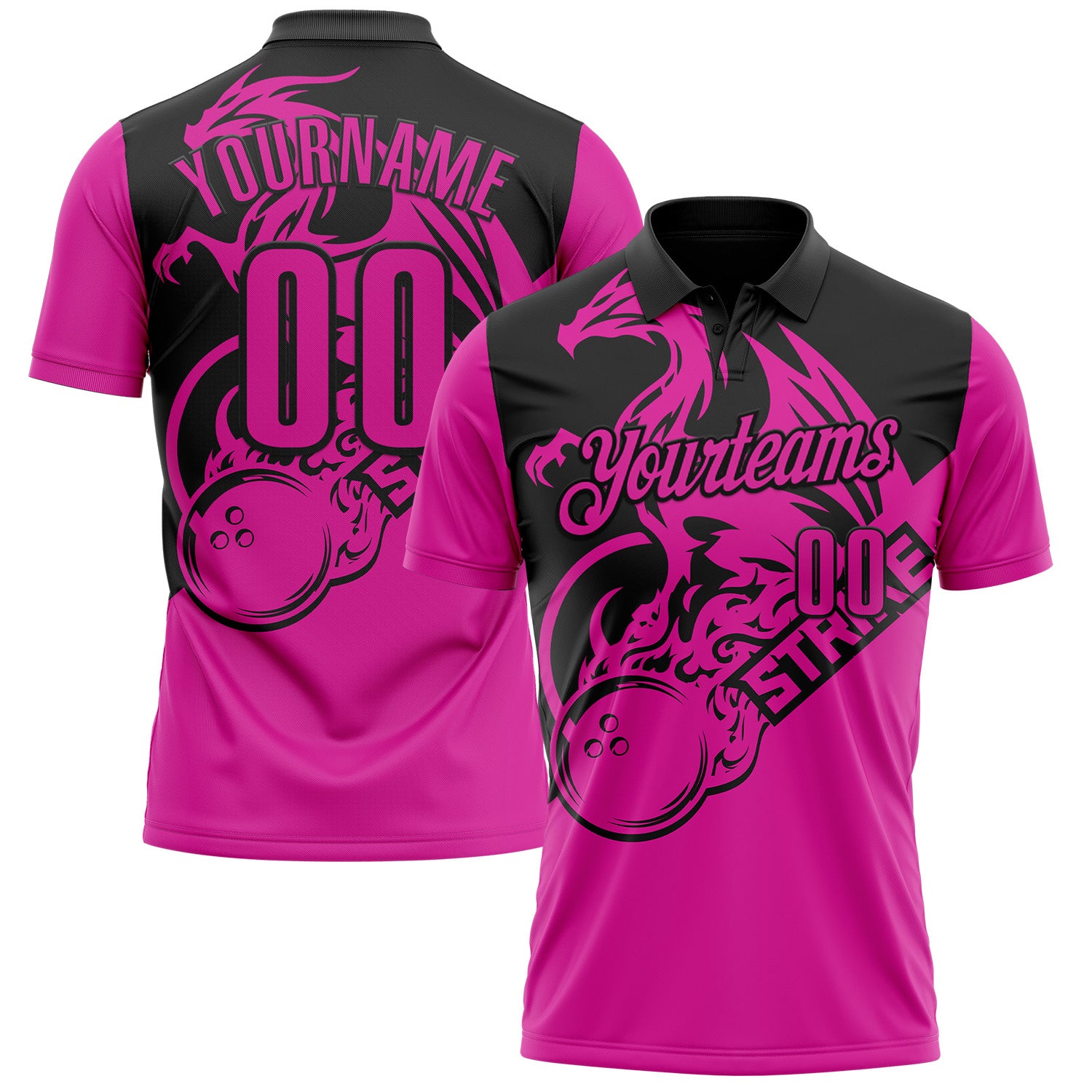 FansIdea Custom Deep Pink-Black Bowling Strike Flame Dragon Performance Polo Shirt - $19.99 at Proof Eyewear