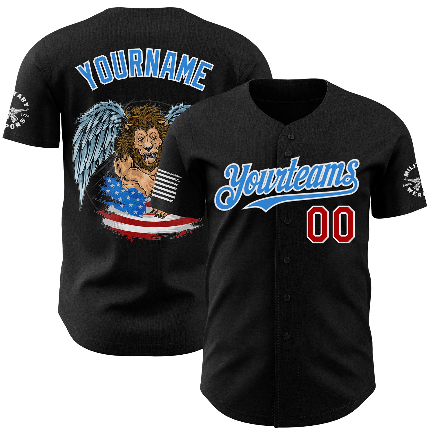 FansIdea Custom Black Red White-Electric Blue USA American Flag Winged Lion Authentic Baseball Jersey - $29.99 at Proof Eyewear