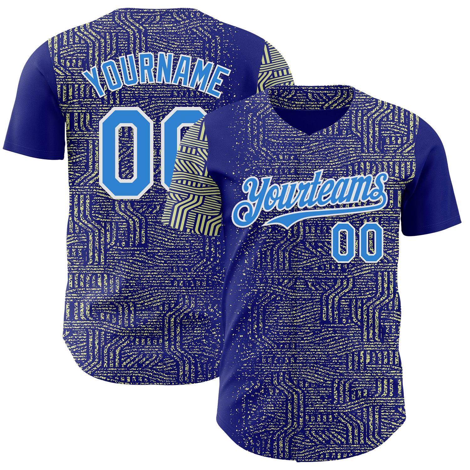 FansIdea Custom Blue Electric Blue Green-White Geometric Patchwork Asymmetry Authentic Baseball Jersey - $29.99 at Proof Eyewear
