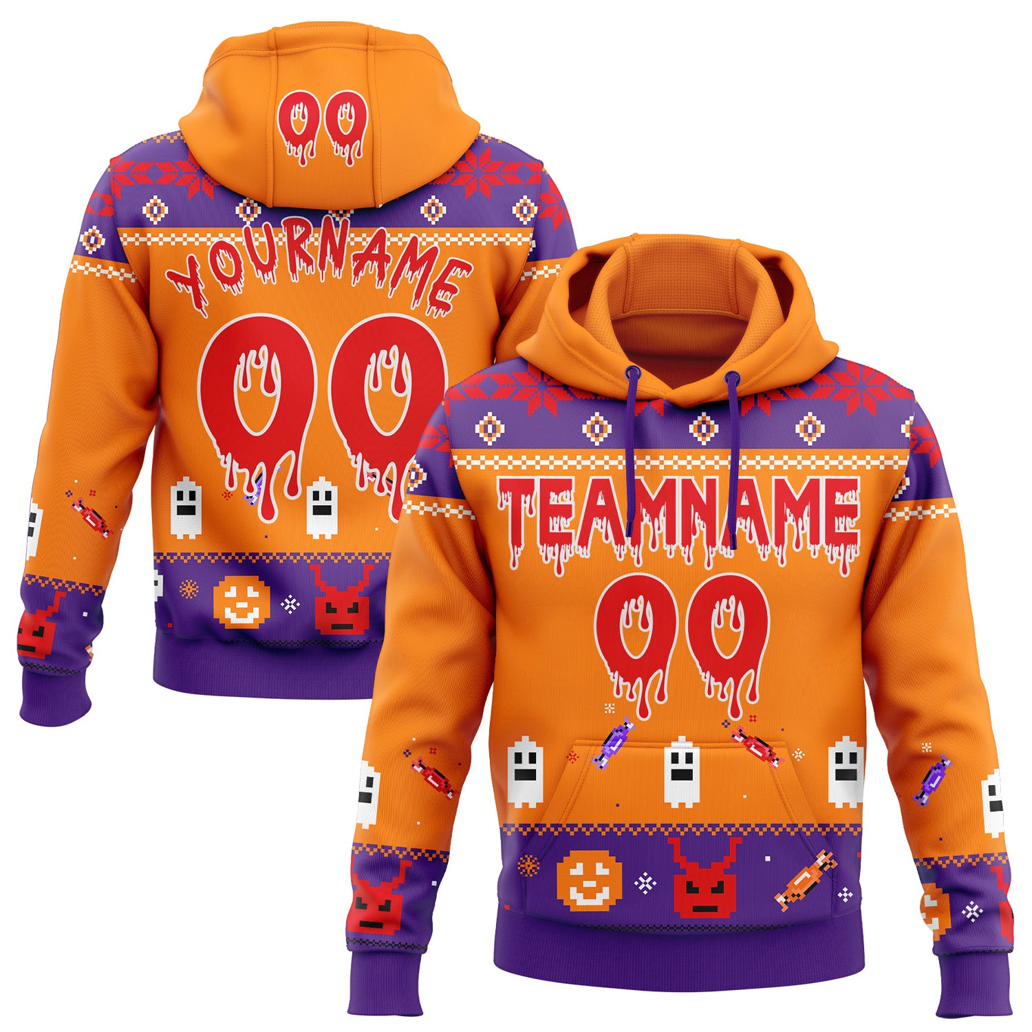 FansIdea Custom  Bay Orange Fire Red Purple-White Halloween Digital Spooky Candy Pullover Sweatshirt Hoodie - $32.99 at Proof Eyewear
