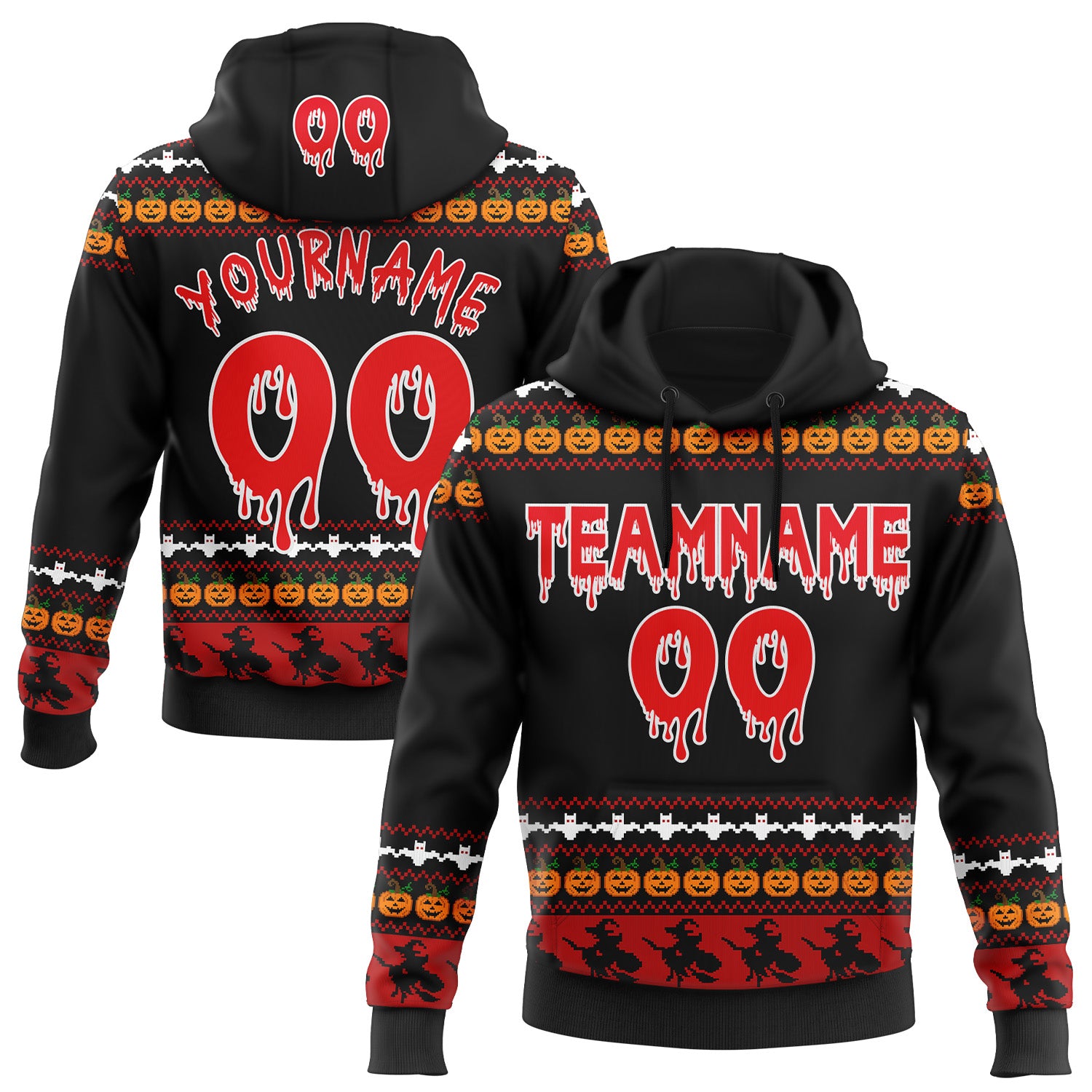 FansIdea Custom  Black Fire Red Orange-White Halloween Pumpkin Head & Witch Pullover Sweatshirt Hoodie - $32.99 at Proof Eyewear