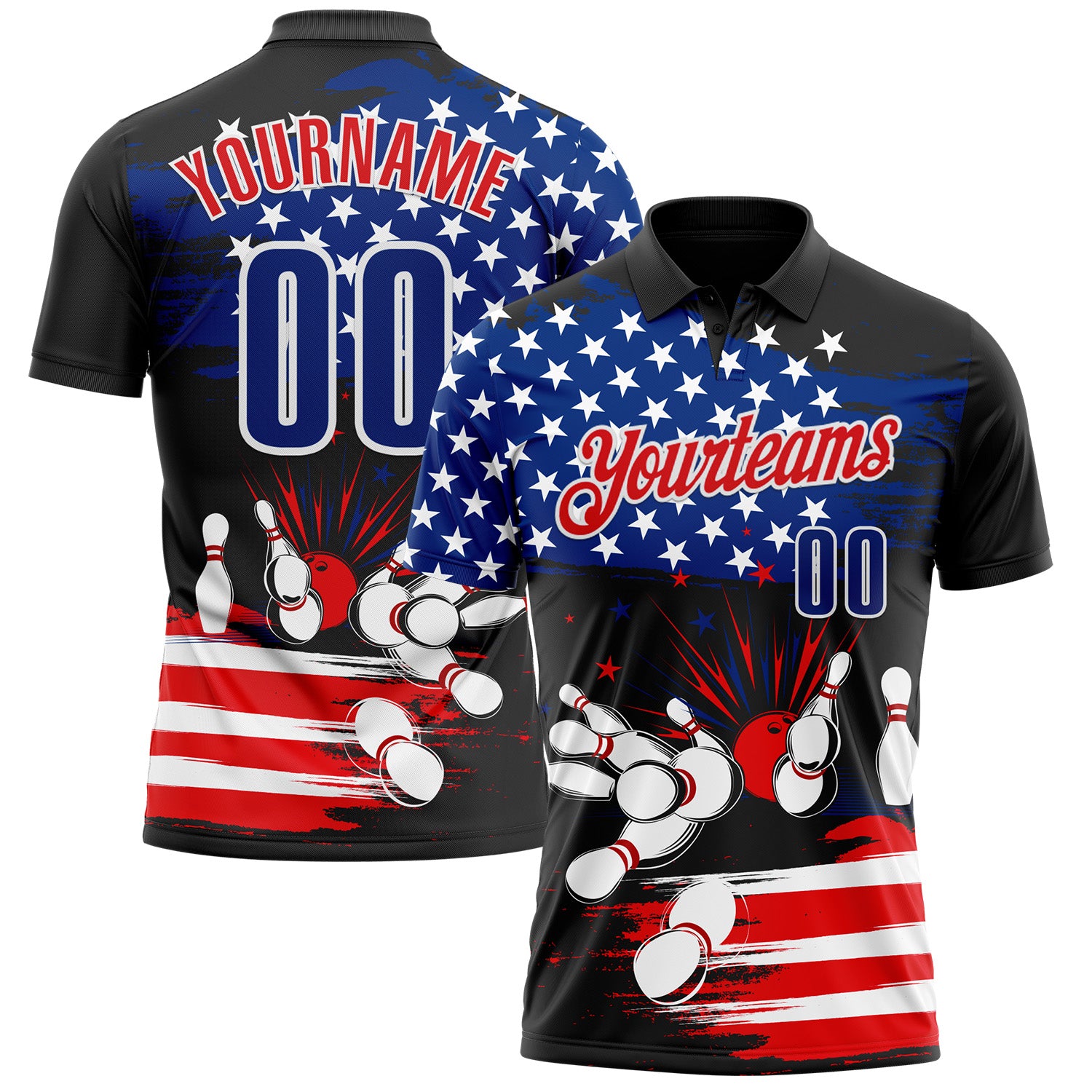FansIdea Custom Black Royal White-Fire Red Bowling Strike American Flag Performance Polo Shirt - $19.99 at Proof Eyewear