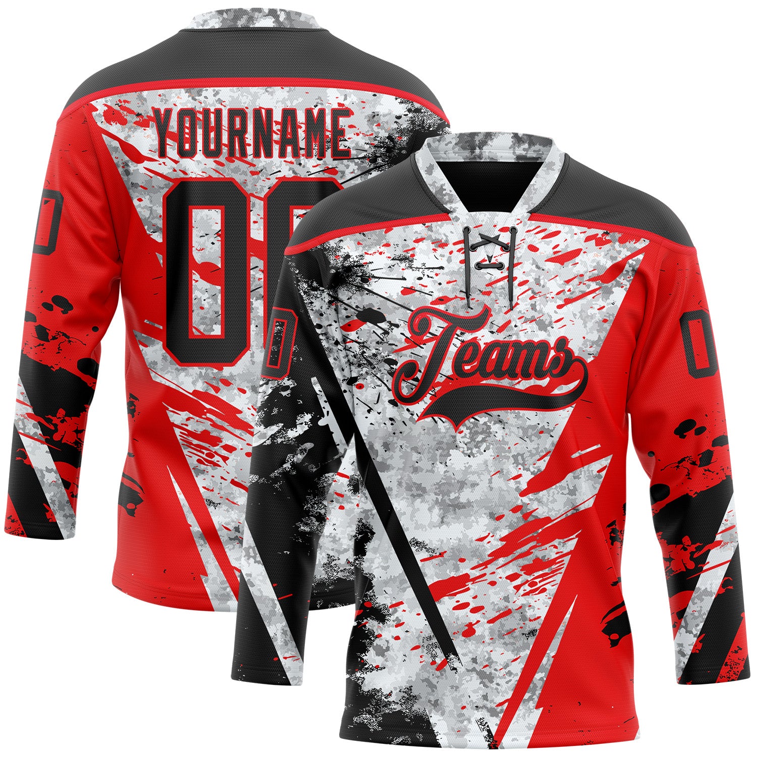 FansIdea Custom Camo Black-Fire Red 3D Camouflage Grunge Hockey Lace Neck Jersey - $29.99 at Proof Eyewear
