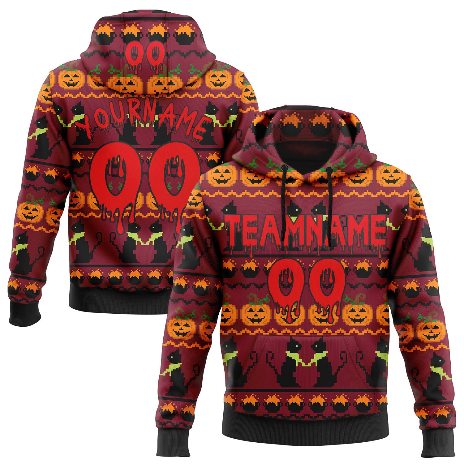 FansIdea Custom  Crimson Fire Red Black-Red Halloween Pumpkin Head & Black Cat Pullover Sweatshirt Hoodie - $32.99 at Proof Eyewear