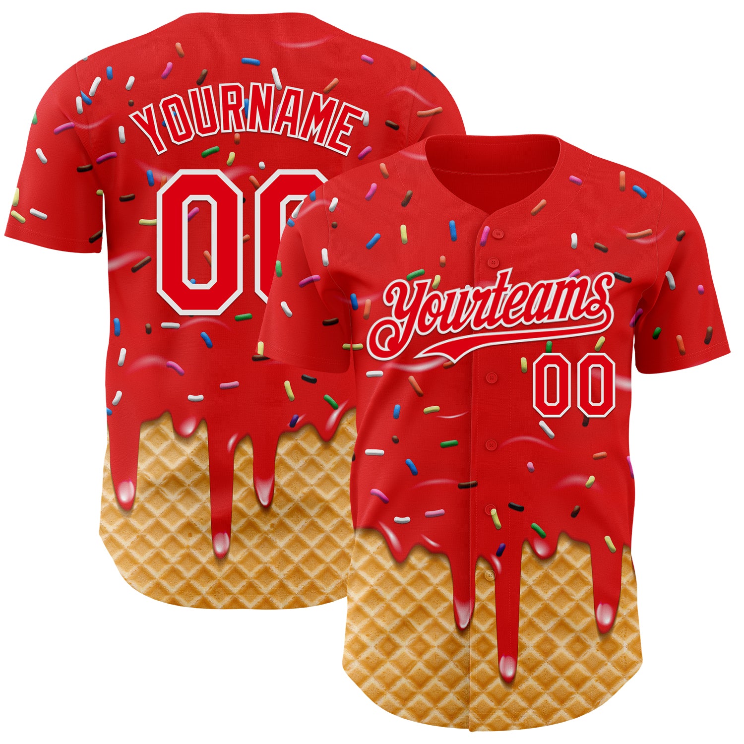 FansIdea Custom Fire Red-White Ice Cream Waffle Foodie Dessert Authentic Baseball Jersey - $29.99 at Proof Eyewear