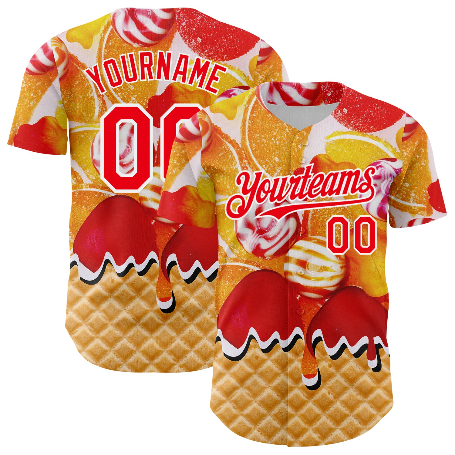 FansIdea Custom Gold Fire Red-White Candy Ice Cream Waffle Sweet Sugar Authentic Baseball Jersey - $29.99 at Proof Eyewear