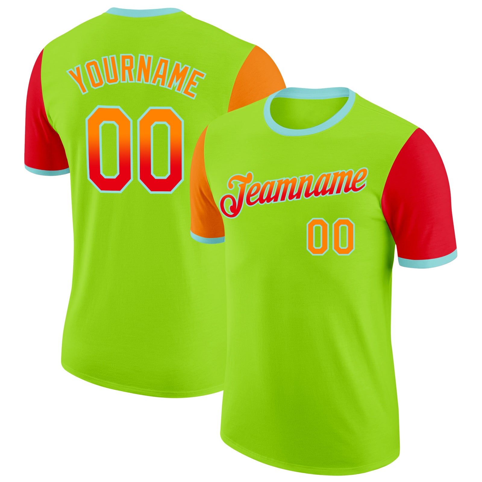 FansIdea Custom Neon Green Bay Orange Fire Red-Ice Blue Gradient Two Tone Performance T-Shirt - $14.99 at Proof Eyewear