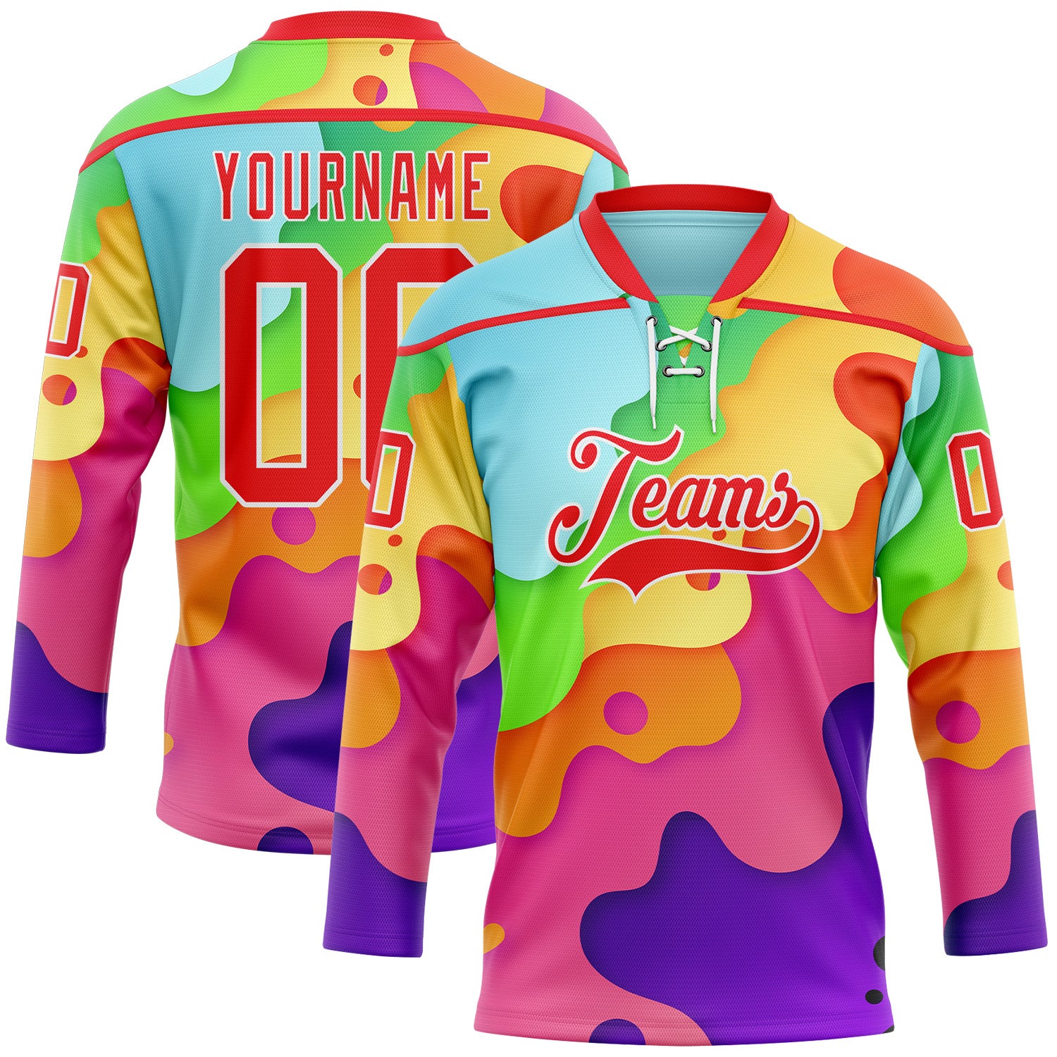 FansIdea Custom Purple Fire Red-White Melting Rave Psychedelic Lace Neck Hockey Jersey - $29.99 at Proof Eyewear