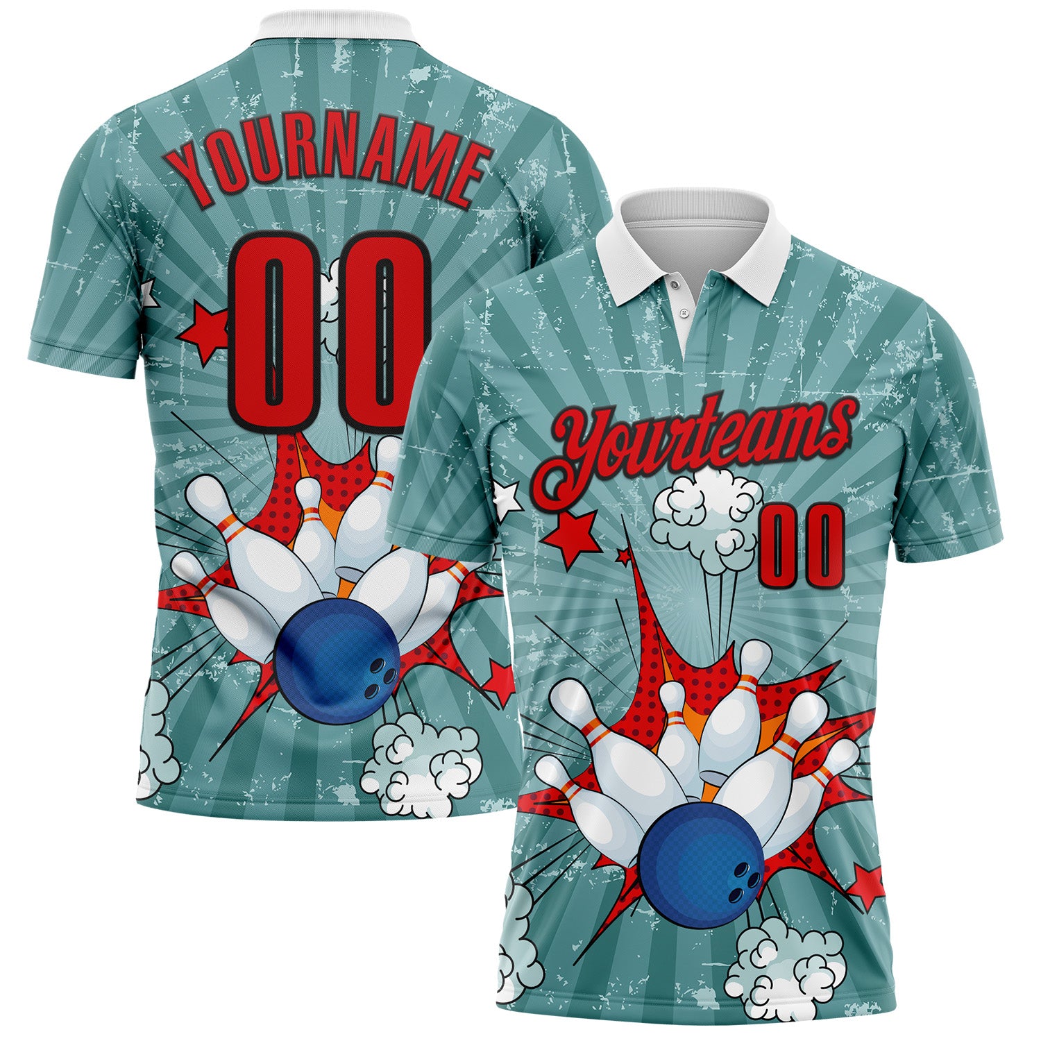 FansIdea Custom Shadow Blue Fire Red-Black Bowling Ball And Pins Strike Performance Polo Shirt - $19.99 at Proof Eyewear
