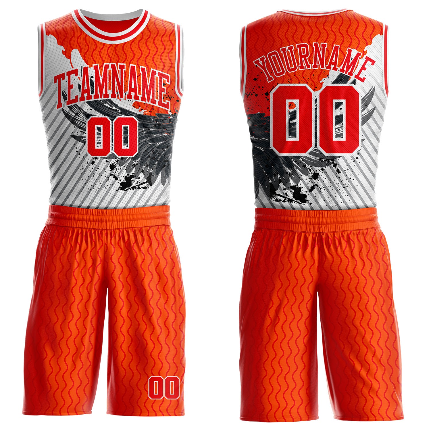 FansIdea Custom Orange Fire Red Gray-White Wing Splash Ink Wave Boho Style Round Neck Sublimation Basketball Uniform Jersey - $25.99 at Proof Eyewear